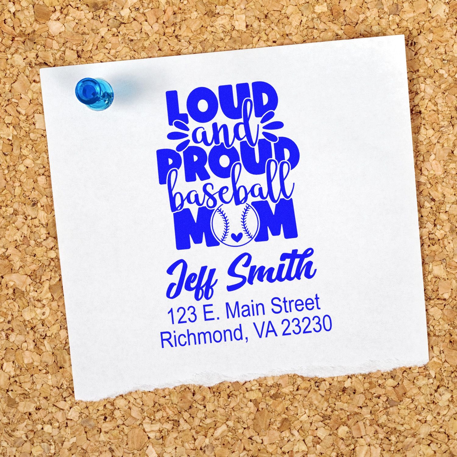 Personalized Loud and Proud Baseball Mom rubber stamp with Jeff Smith name and Richmond, VA address for custom stationery.
