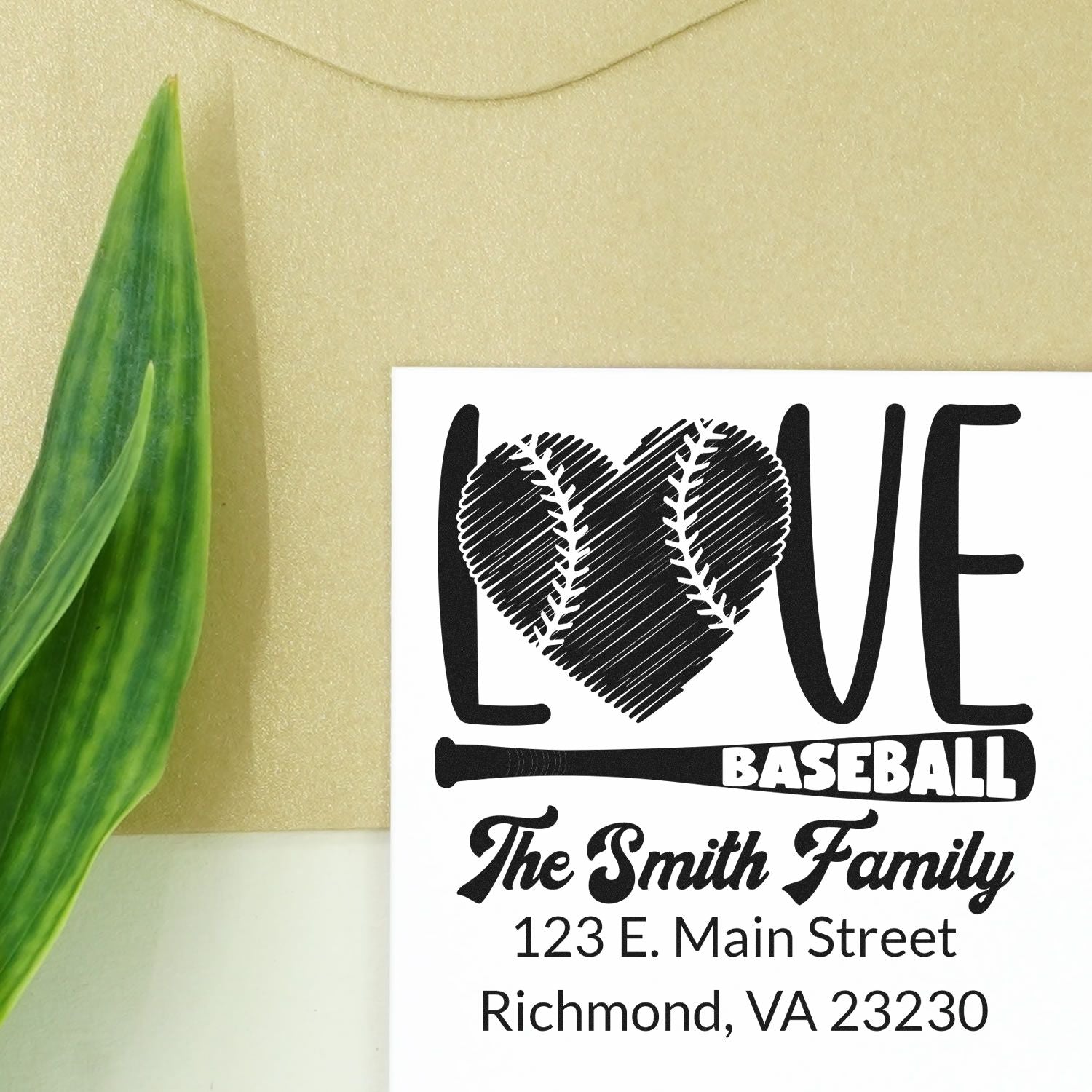 Custom baseball love return address rubber stamp for The Smith Family with personalized name, street address, and Richmond, VA.