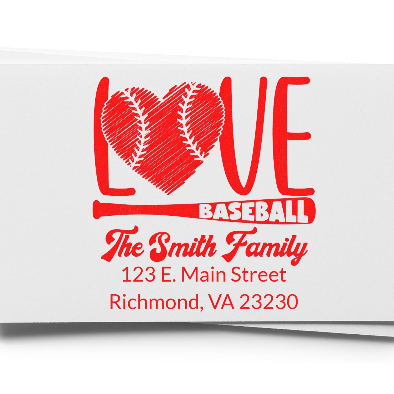 Custom baseball family address rubber stamp featuring LOVE heart design, The Smith Family name, and Richmond, VA address.