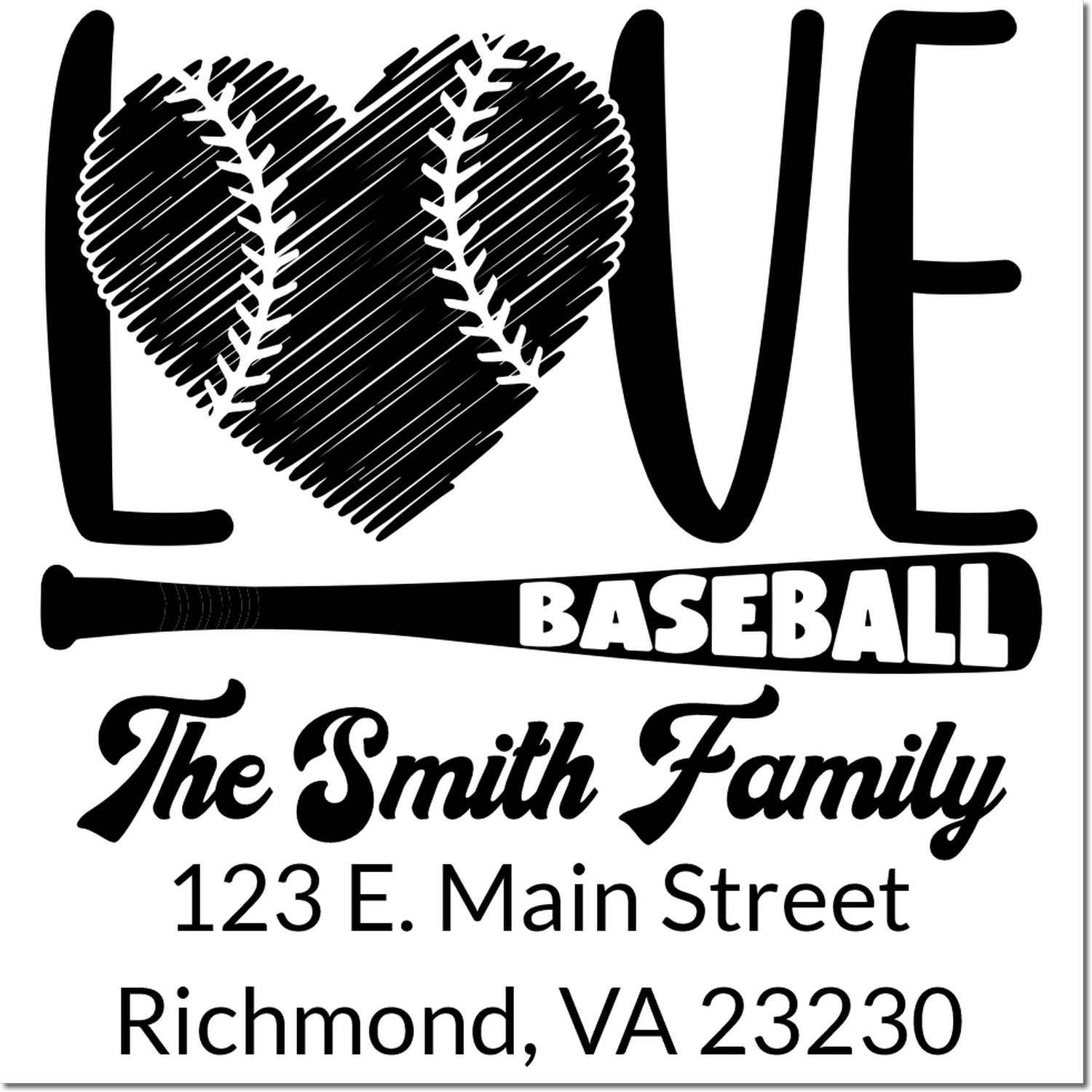 Custom baseball love family address rubber stamp with heart baseball, bat, and personalized Smith family Richmond, VA return address.