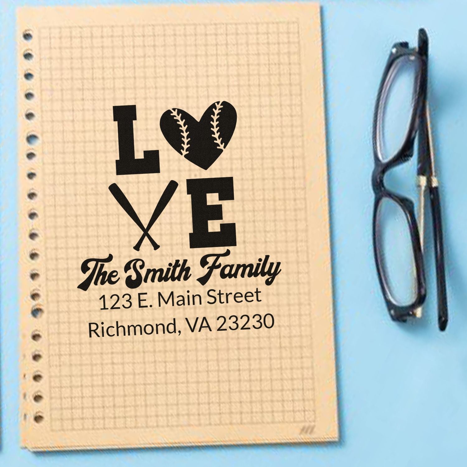 Personalized baseball love address stamp for The Smith Family, ideal for custom home or wedding mailing.