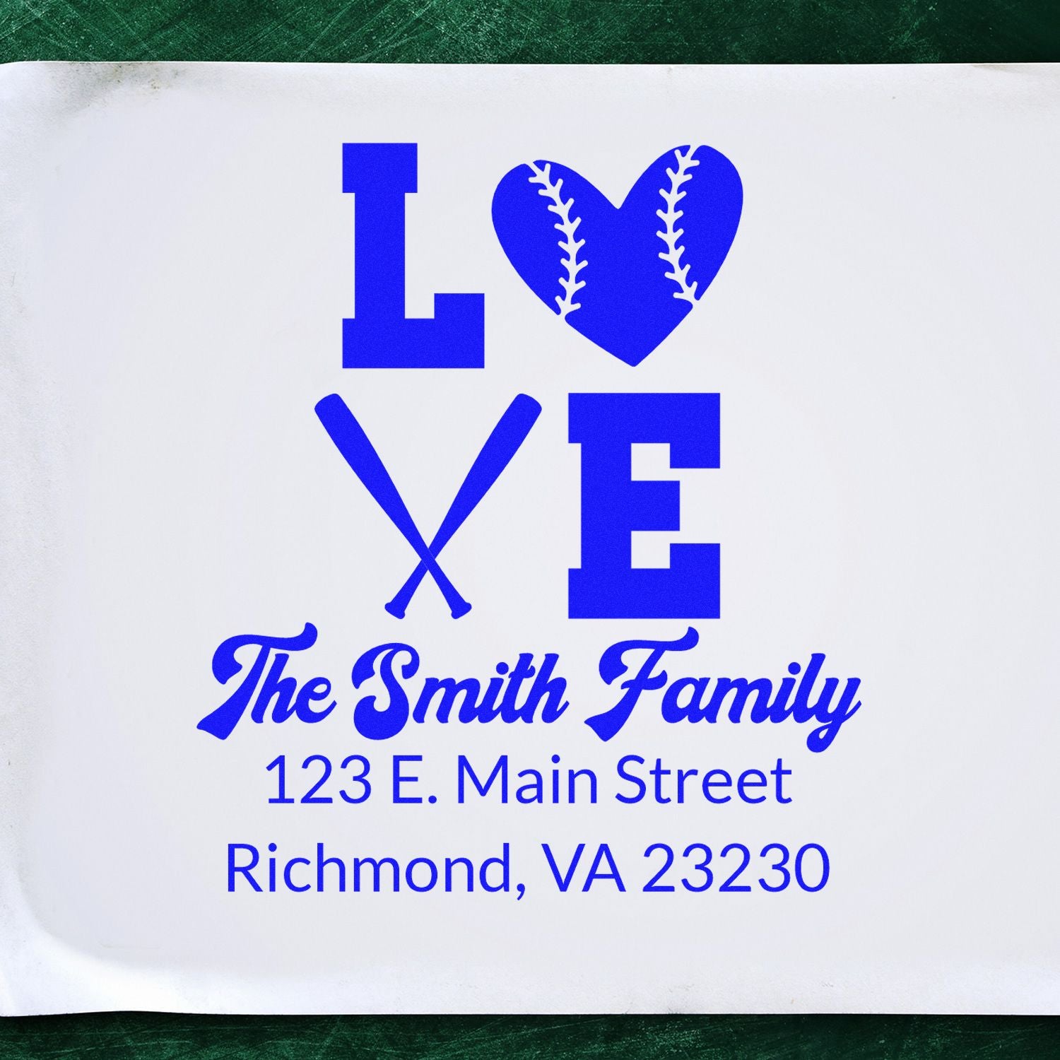 Custom baseball love return address rubber stamp for The Smith Family, with name and Richmond, VA 23230 mailing address.