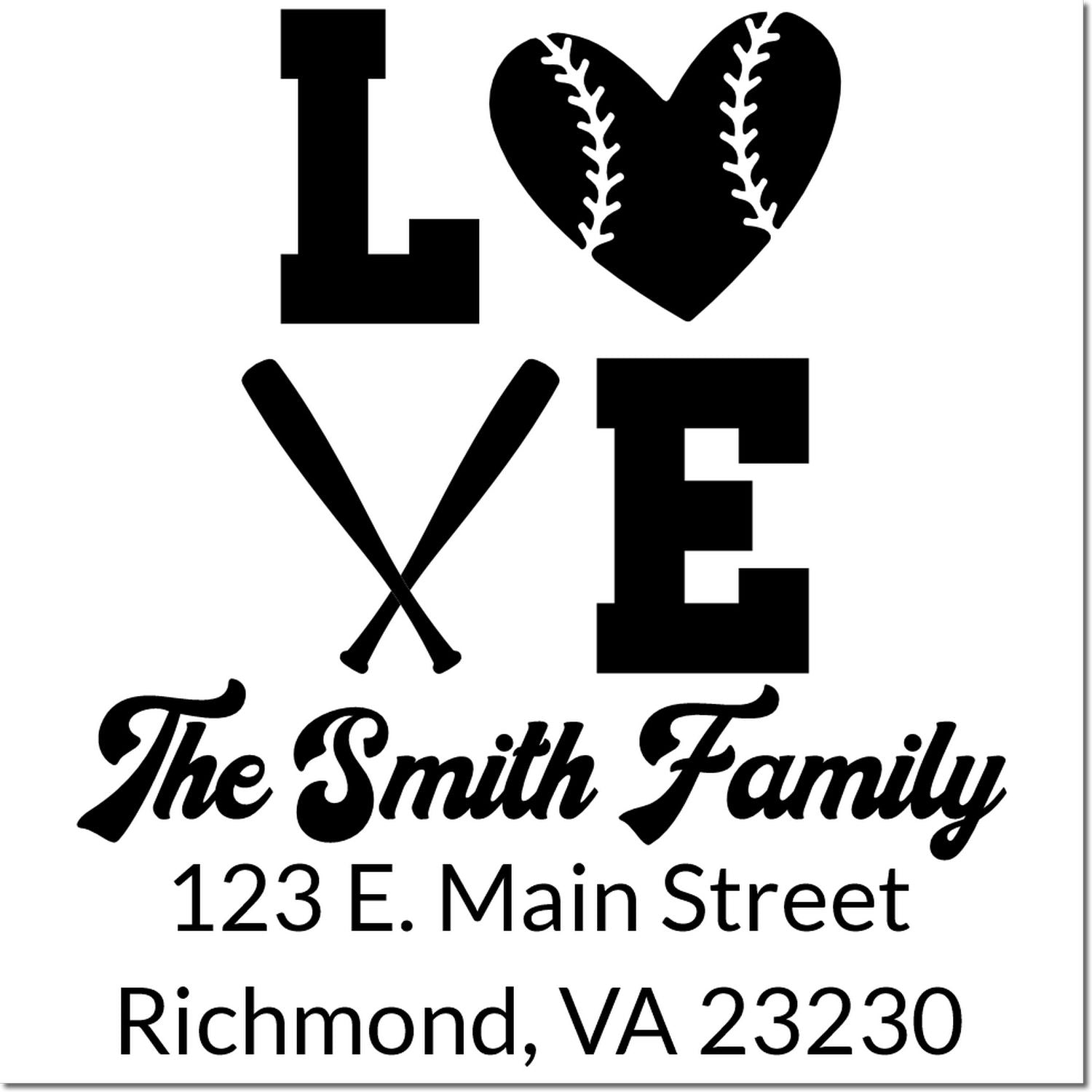 Custom family address rubber stamp with baseball heart monogram, Love, The Smith Family, and Richmond, VA address.