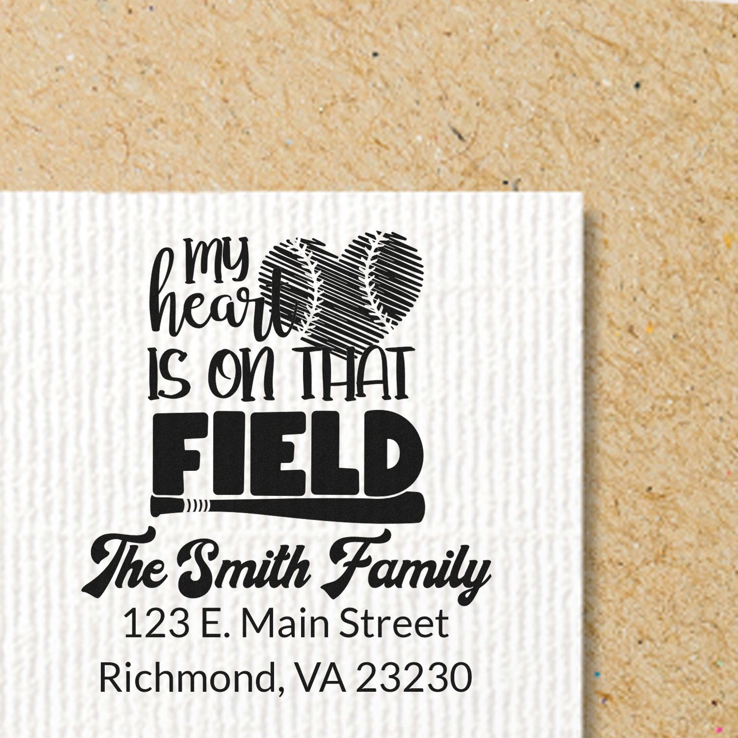 Custom baseball return address rubber stamp with My Heart Is on That Field for the Smith family, Richmond VA 23230