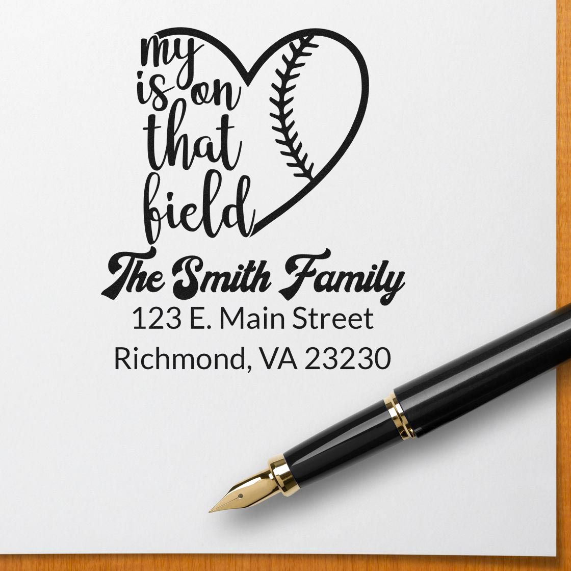 Personalized baseball-themed custom address rubber stamp for The Smith Family with Richmond, VA return address.