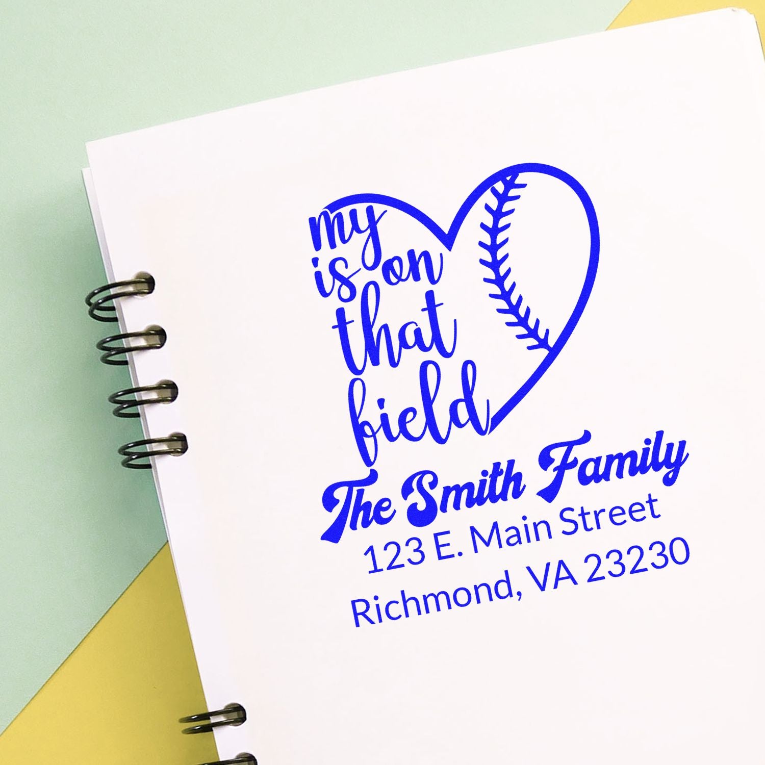 Personalized return address rubber stamp with baseball heart design and my is on that field for The Smith Family.