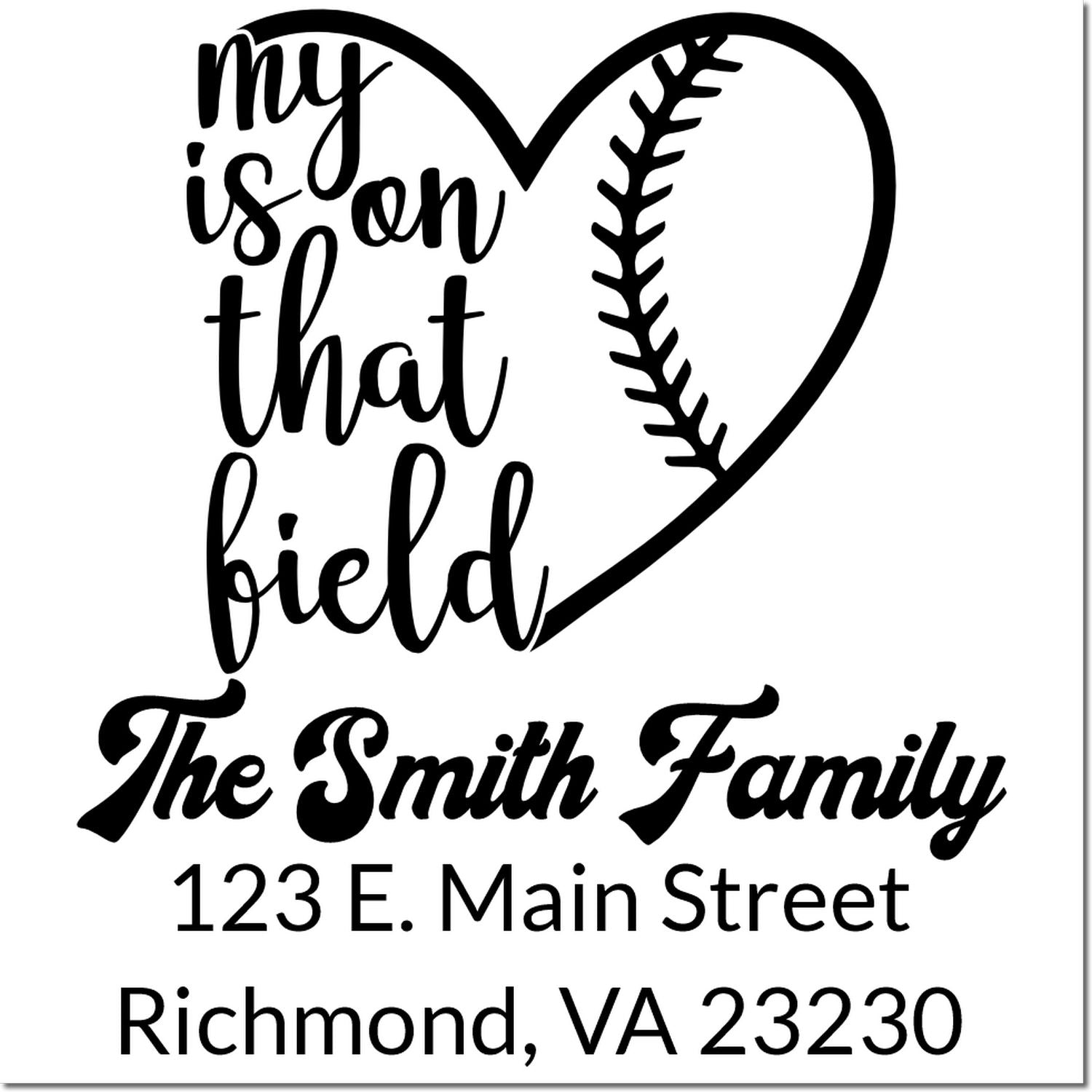 Custom baseball family address rubber stamp for The Smith Family with heart seam design, 123 E. Main Street, Richmond, VA 23230.
