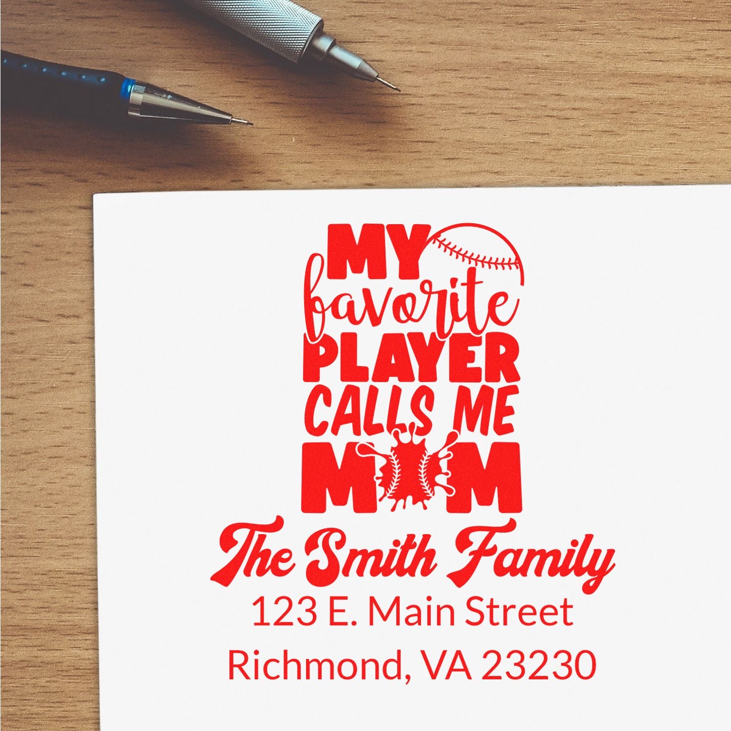 Custom baseball mom rubber stamp with My favorite player calls me mom, personalized family name, and return address.