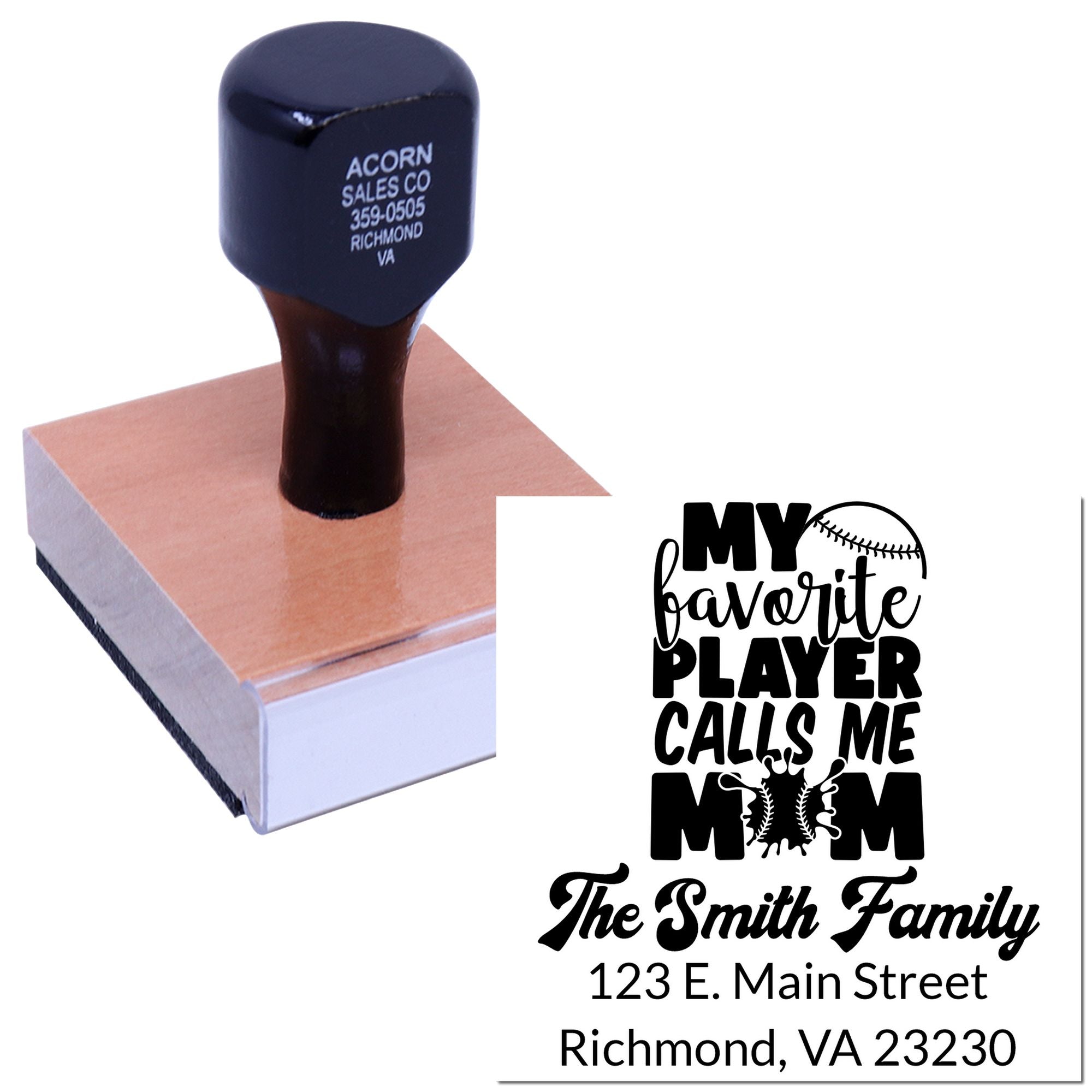 The Batting Order My Favorite Player Calls Me Mom Personalizable Return Address Label Stamp with Wood Handle