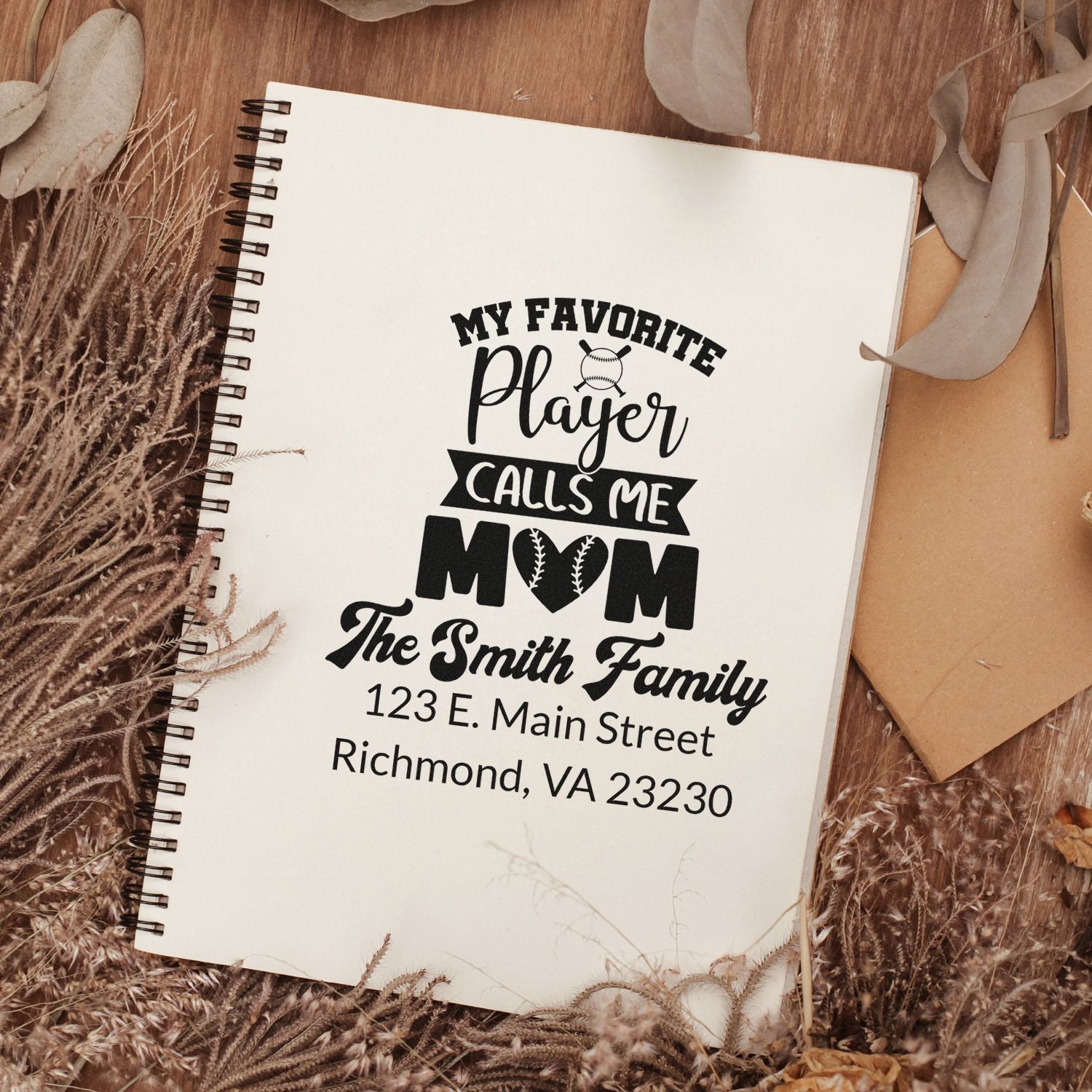 Custom baseball mom rubber stamp with My Favorite Player Calls Me Mom, family name, and return address.
