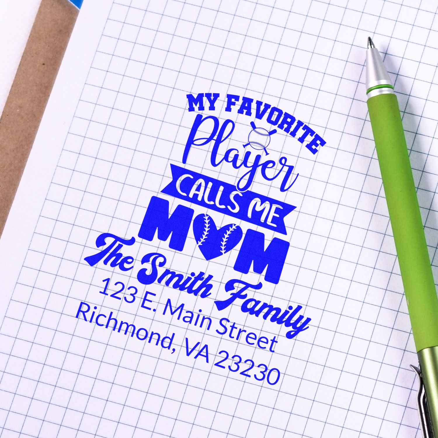 Personalized rubber stamp design for a baseball mom, reading My favorite player calls me Mom with family address.