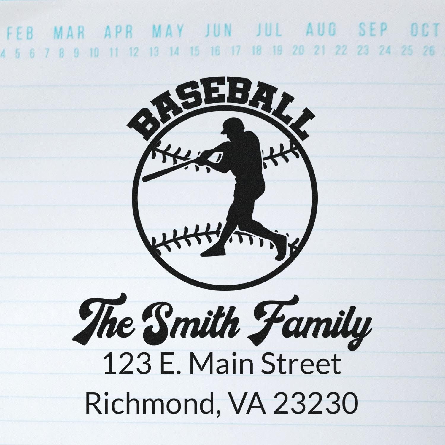 Custom baseball return address rubber stamp with player silhouette for The Smith Family, Richmond VA 23230