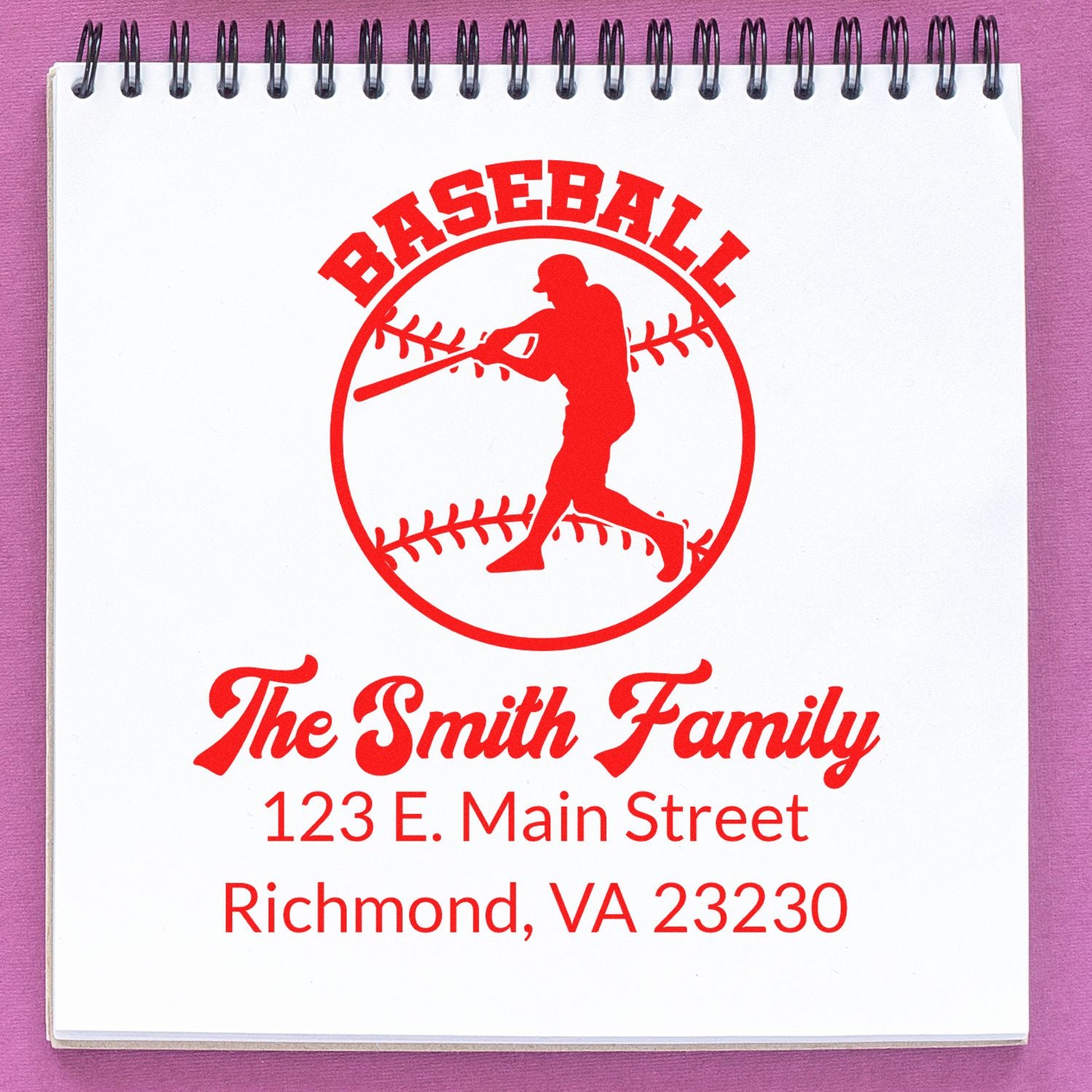 Personalized baseball return address rubber stamp for The Smith Family with Richmond, VA address and batter logo.
