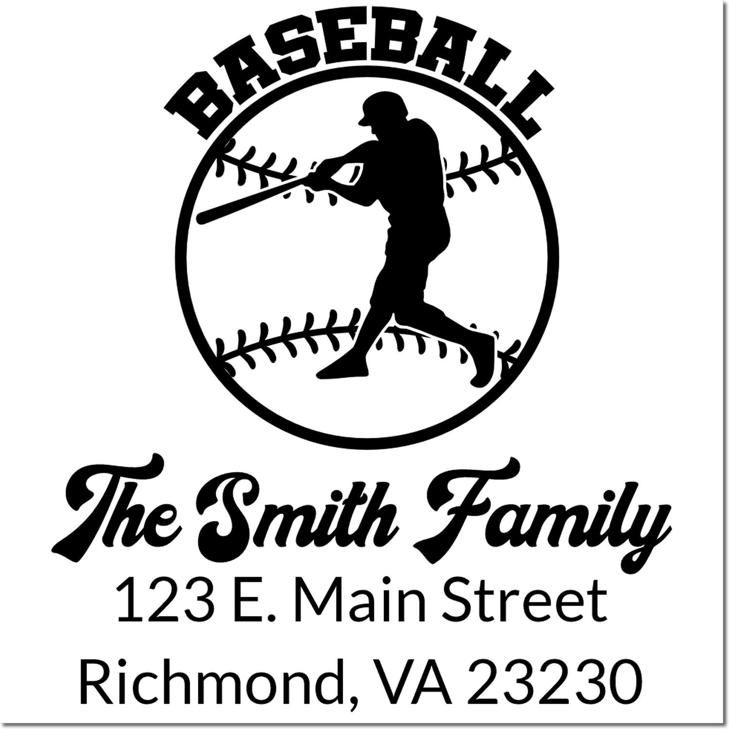 Custom baseball family return address rubber stamp, The Smith Family, 123 E. Main Street, Richmond, VA 23230, with player silhouette.