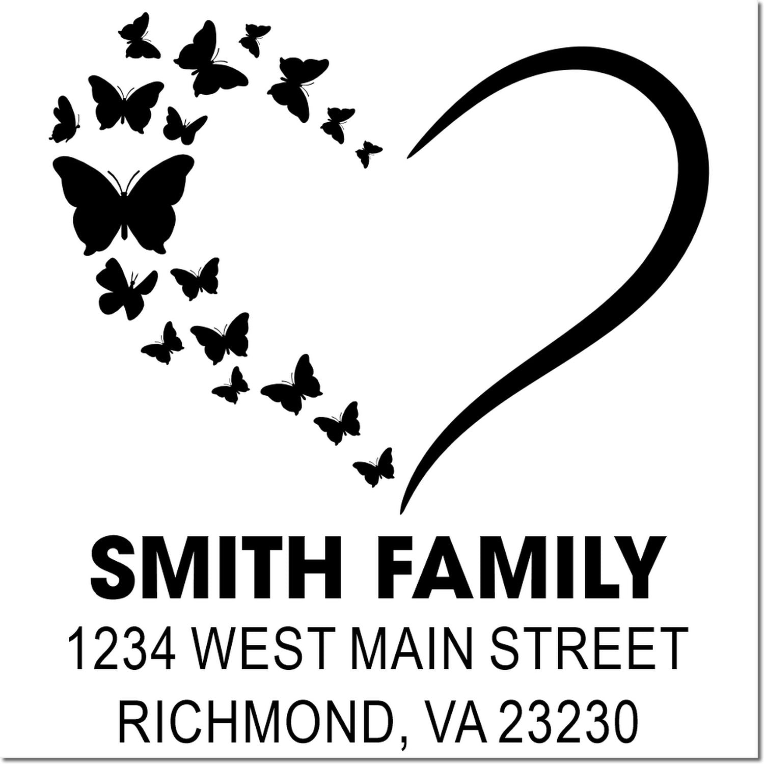 Custom butterfly heart family address rubber stamp with Smith family name and Richmond, VA mailing address.
