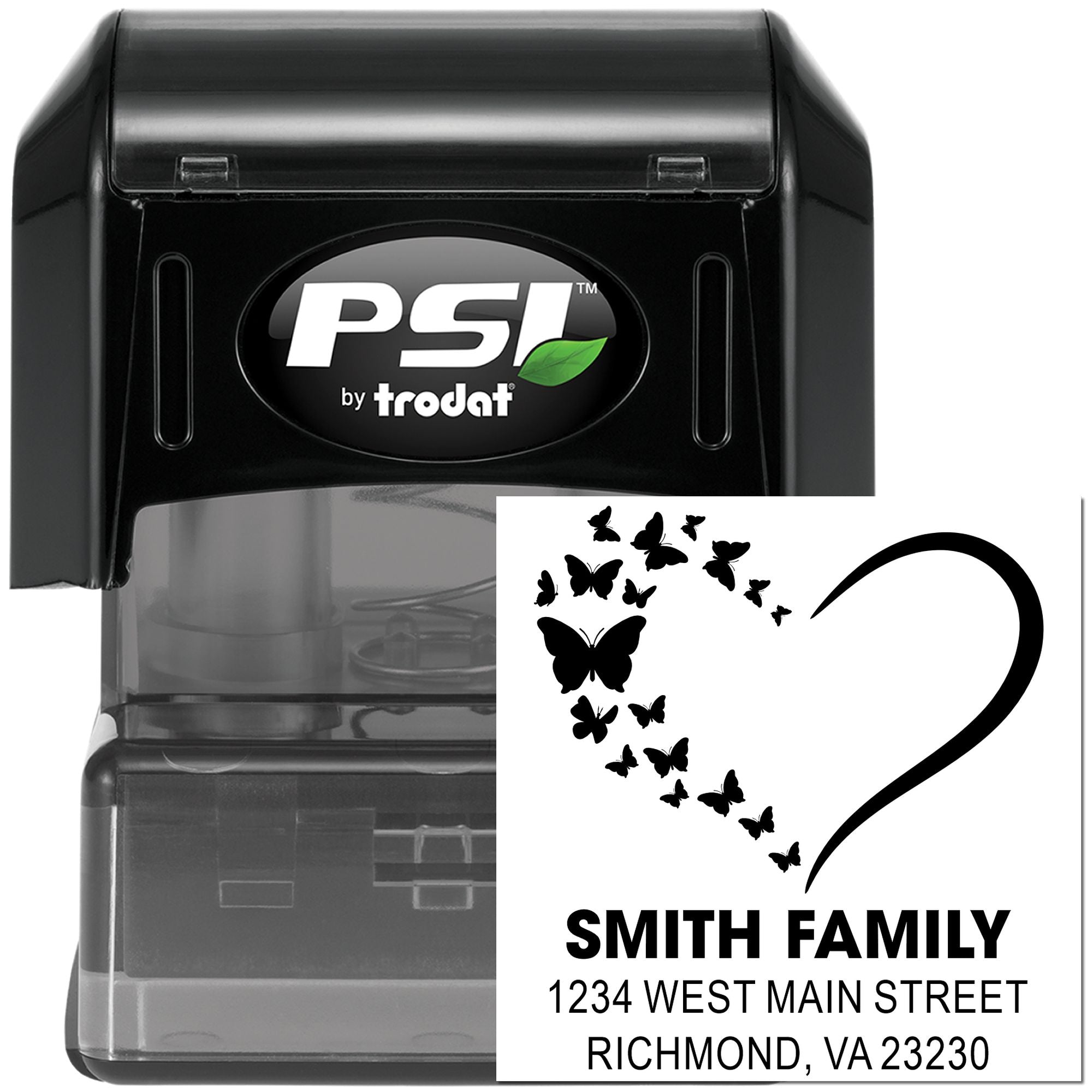 Custom self-inking address rubber stamp with butterfly heart design for Smith Family mail.