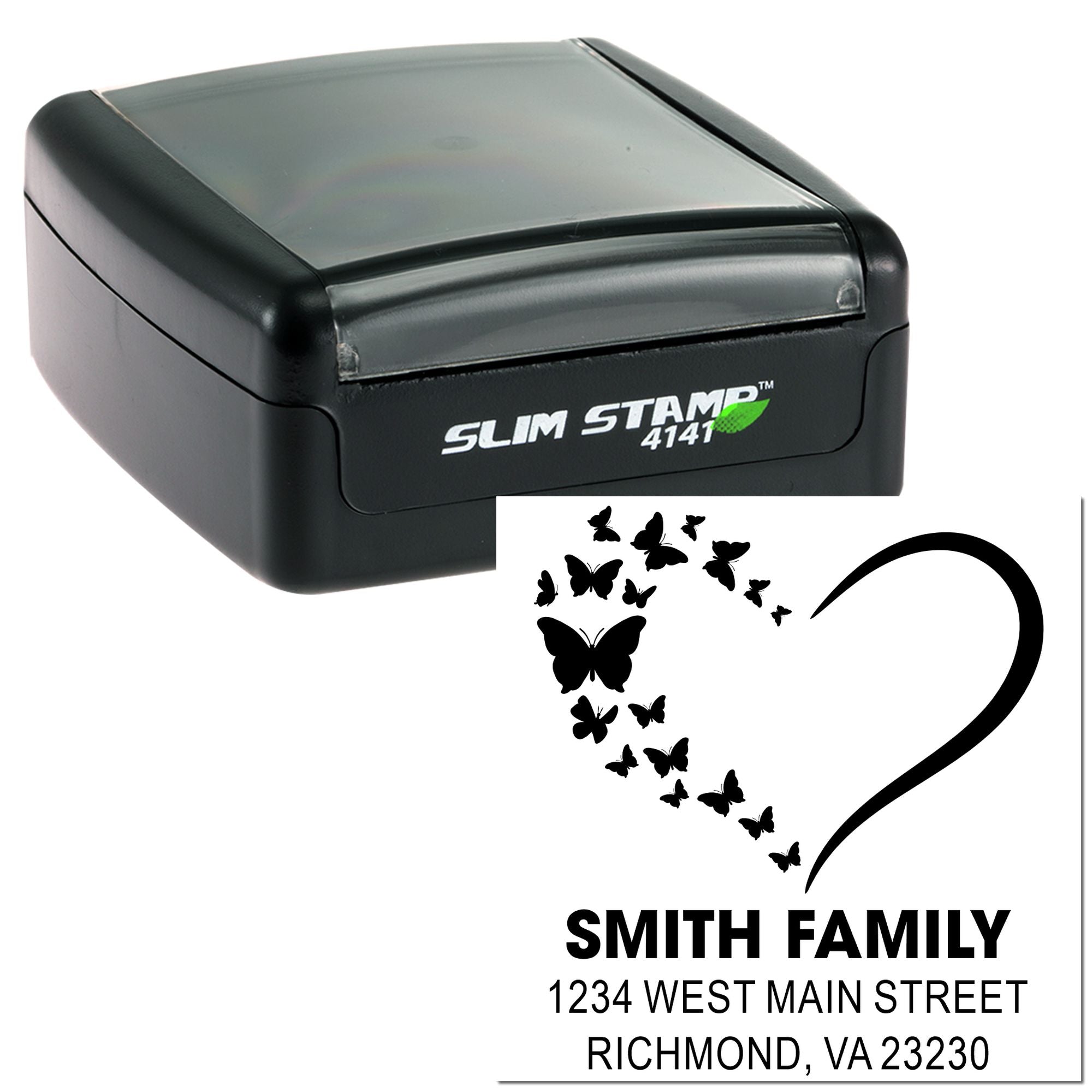Slim Stamp 4141 custom self-inking address stamp with butterfly heart design for family return address mailings
