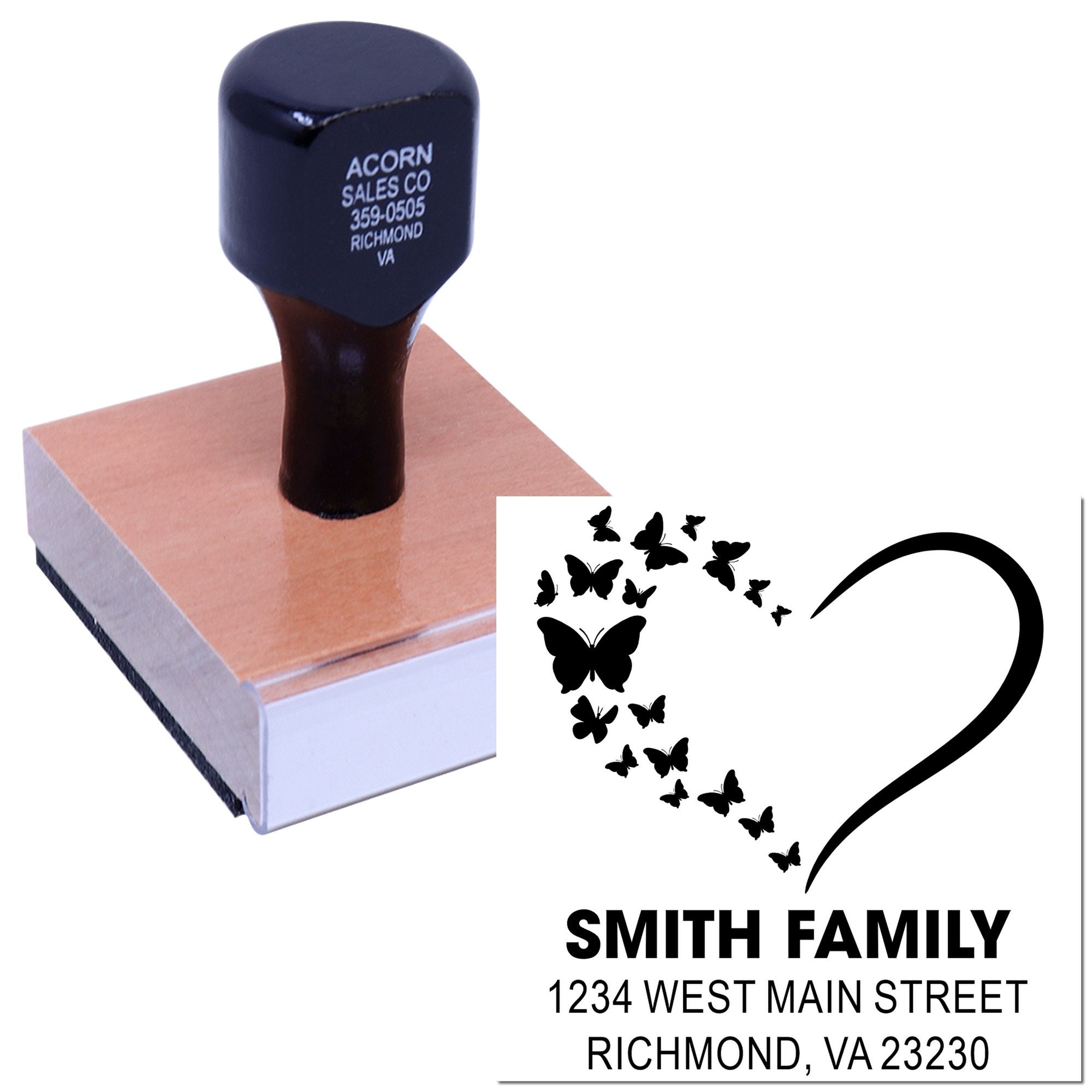 Custom rubber address stamp with butterfly heart design for family return address and mailing envelopes