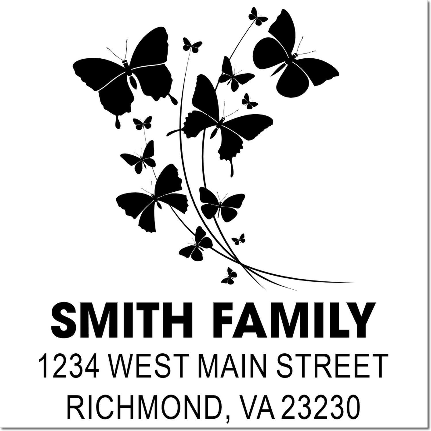 Custom butterfly family return address rubber stamp with Smith family name and Richmond, VA 23230 address