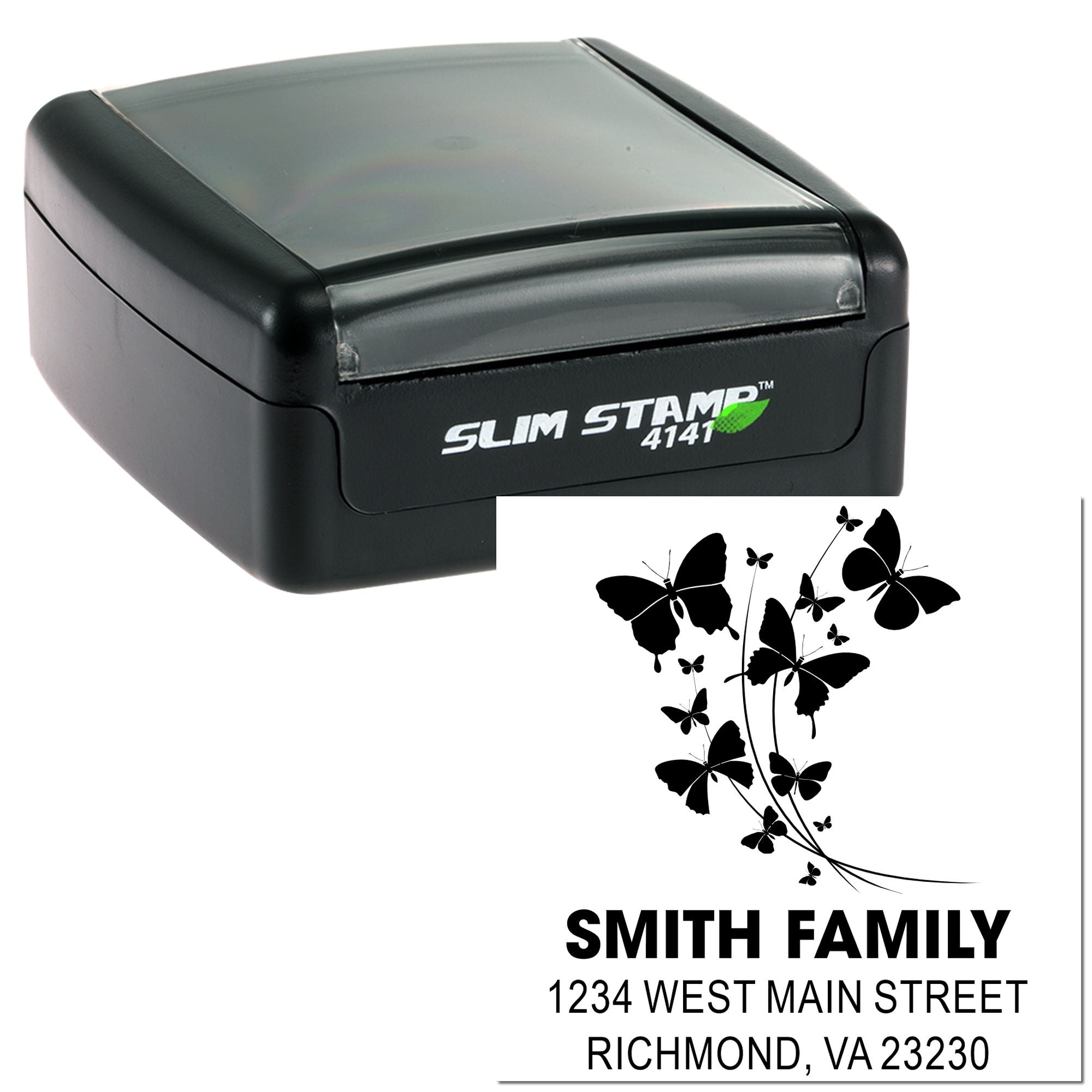 Custom self-inking butterfly address rubber stamp for Smith Family, Richmond, VA 23230.
