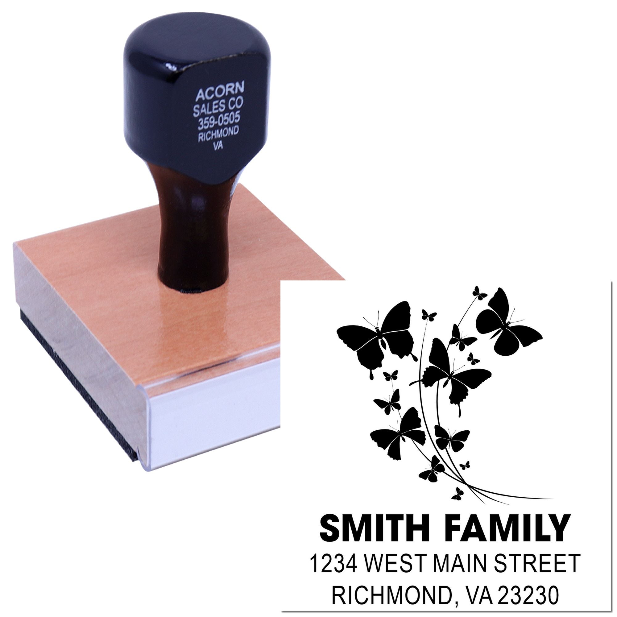Custom butterfly family address rubber stamp for return mail, featuring Smith Family name and Richmond, VA address.