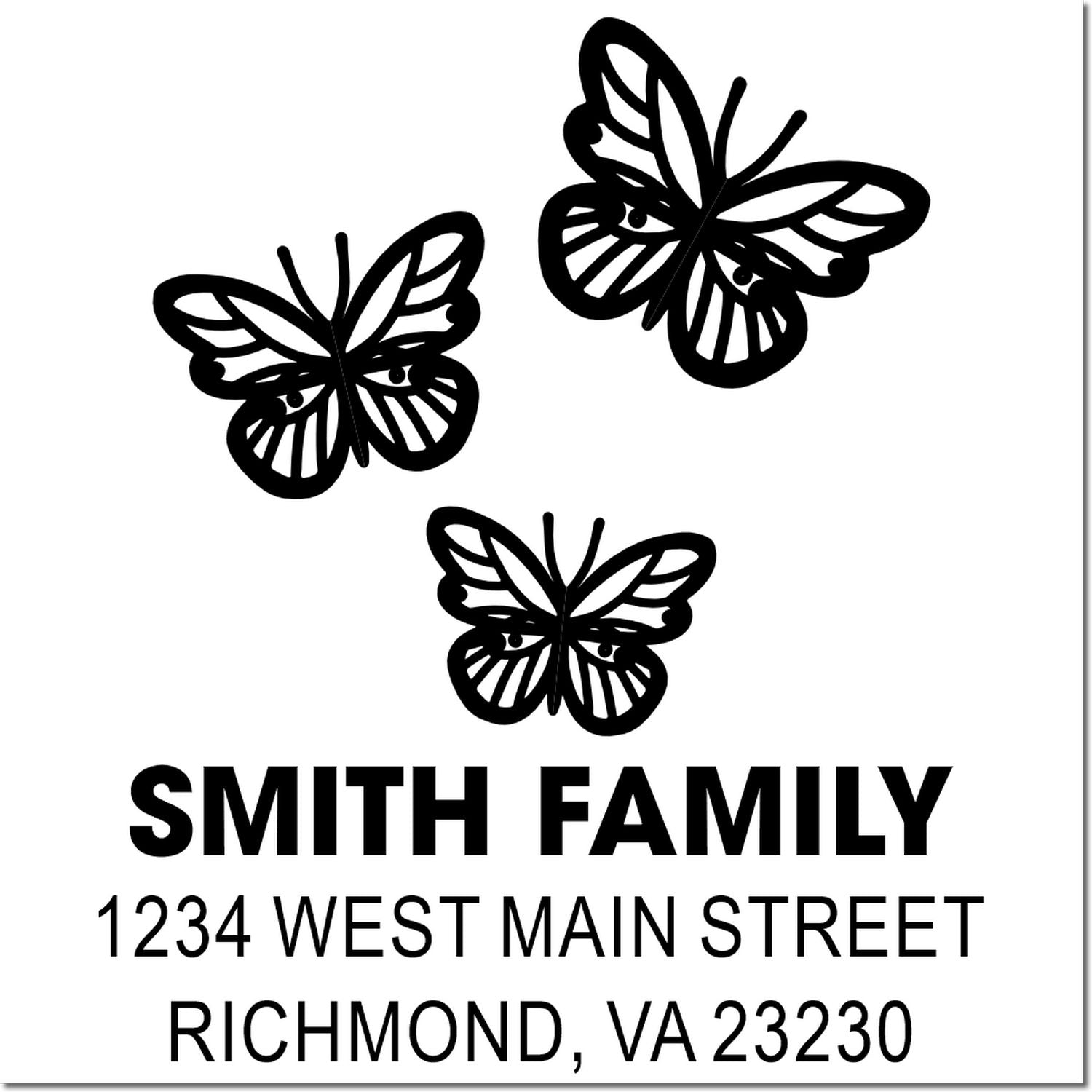 Custom butterfly family address rubber stamp featuring Smith Family return address in Richmond, VA.