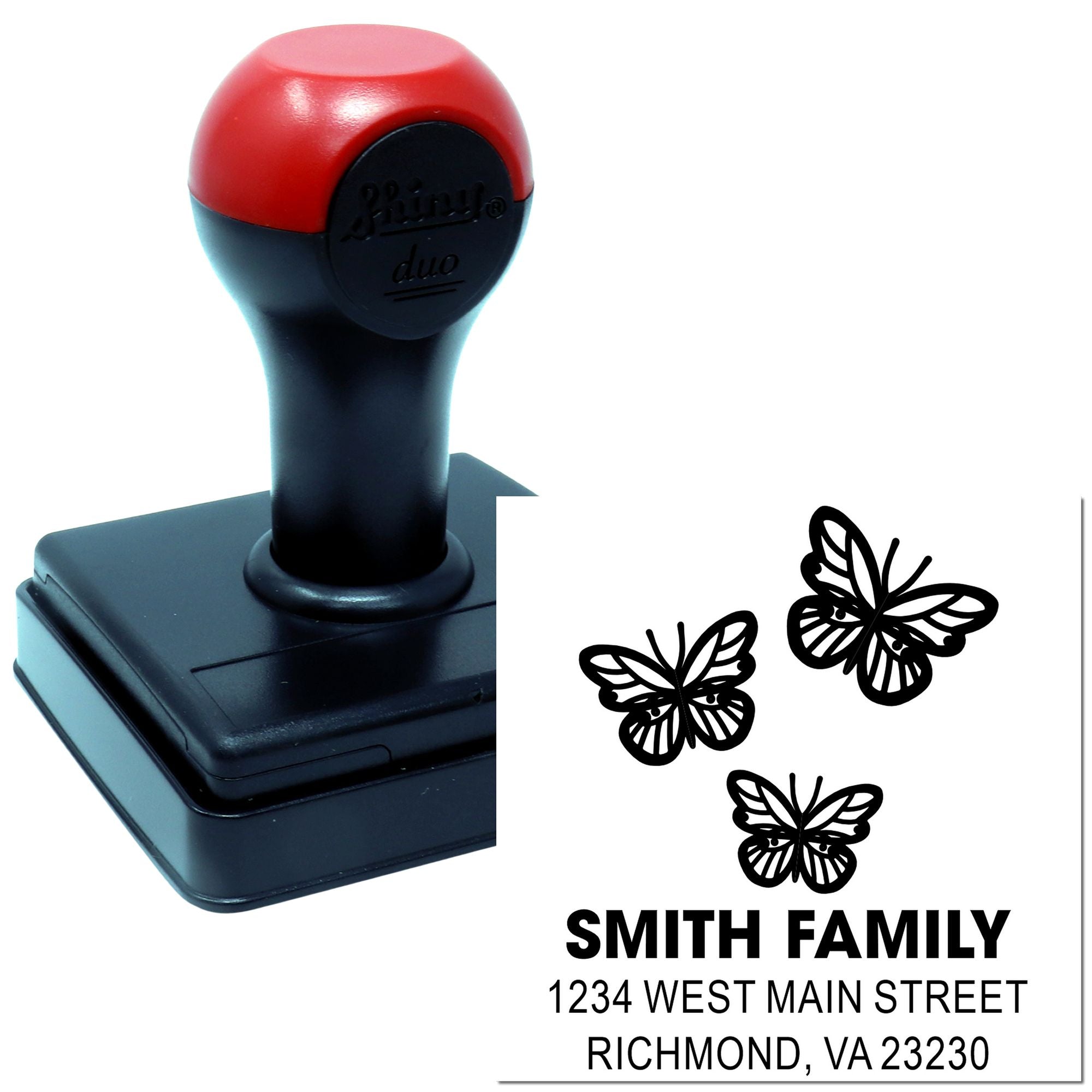 Custom self-inking rubber address stamp with butterfly design for family return mail imprint, featuring Smith Family Richmond VA address