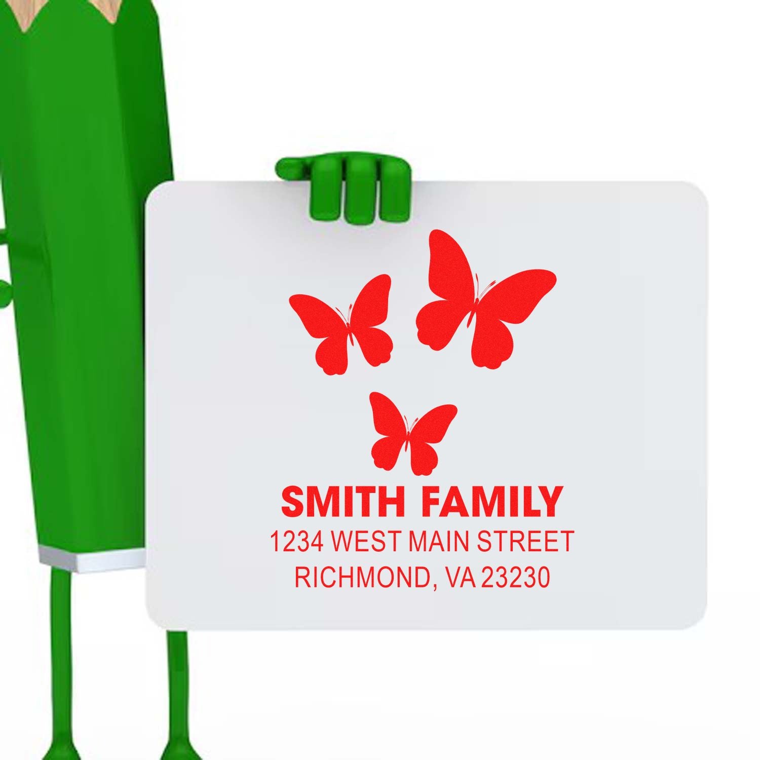 Custom butterfly address rubber stamp with Smith Family name and Richmond, VA return address.