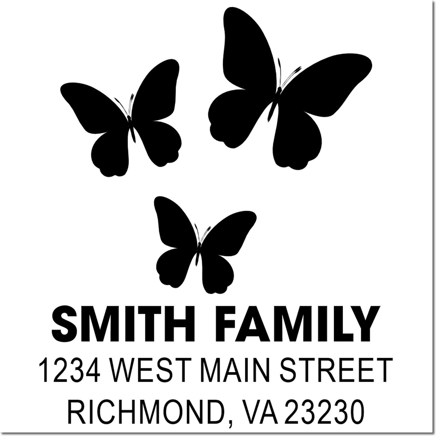 Personalized butterfly family return address rubber stamp with Smith Family, 1234 West Main Street, Richmond, VA 23230.