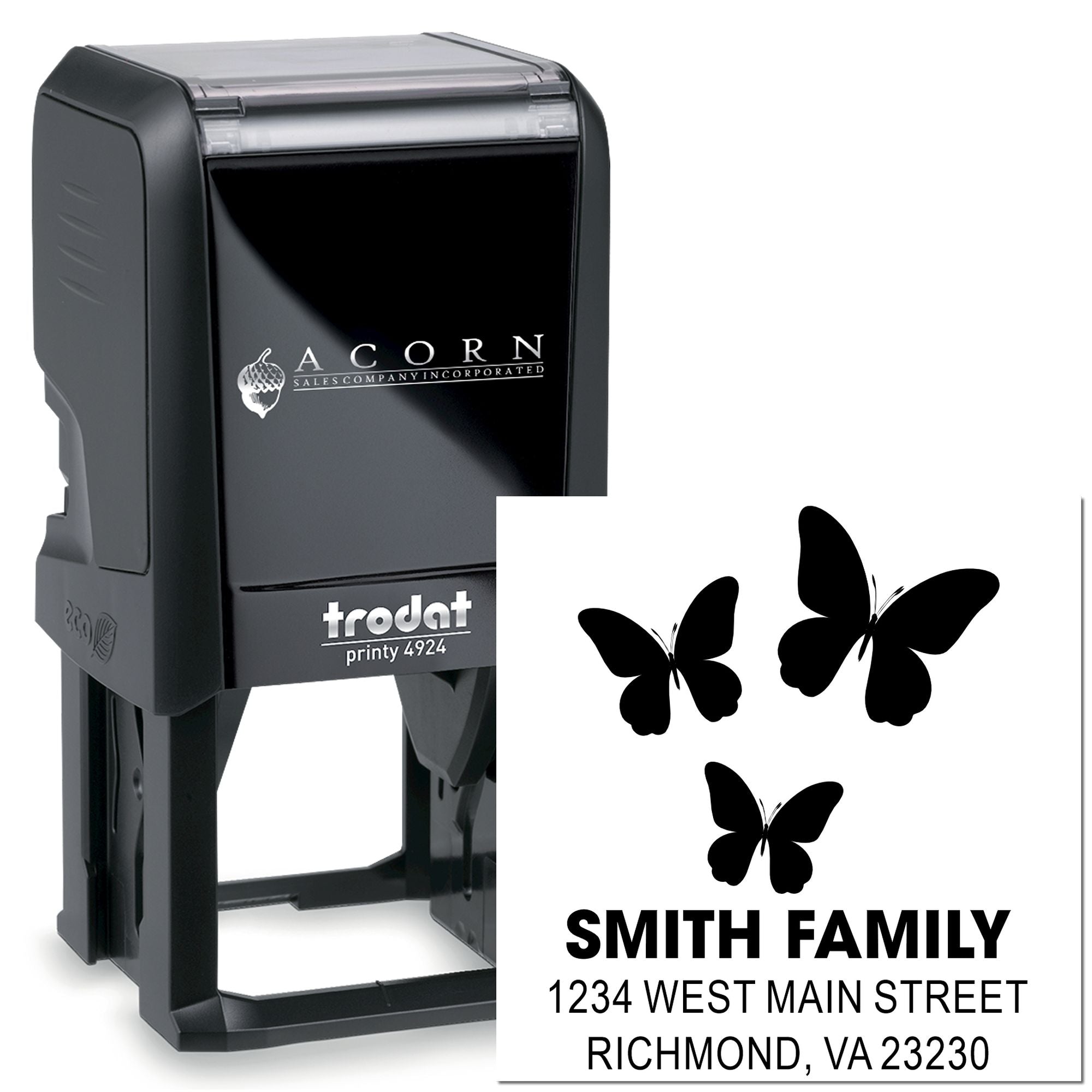 Custom self-inking rubber stamp with butterfly logo and Smith Family address imprint, ideal for mailing, business, or return address use.