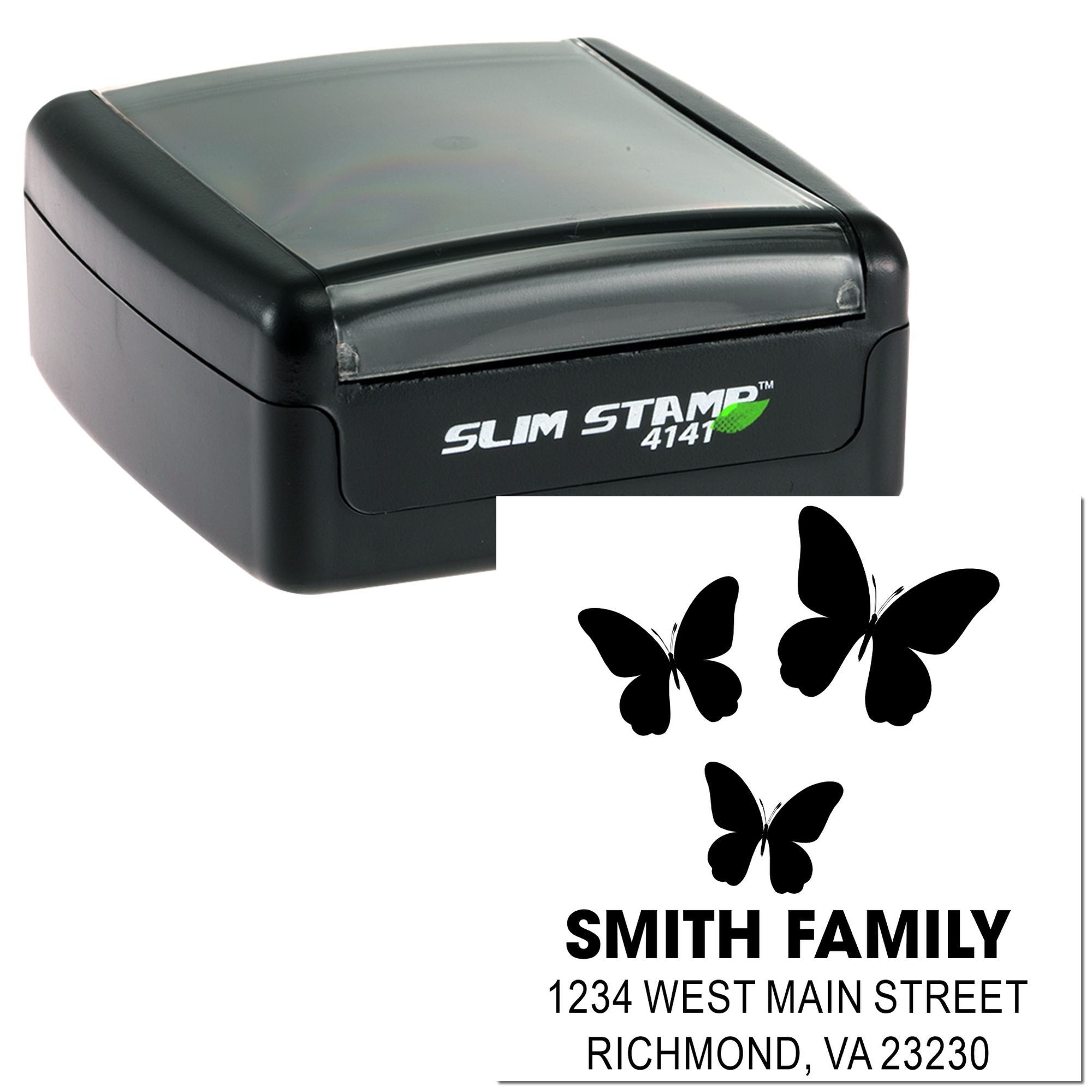 Custom butterfly return address rubber stamp for Smith Family, Richmond VA 23230, with sleek Slim Stamp self-inking design.
