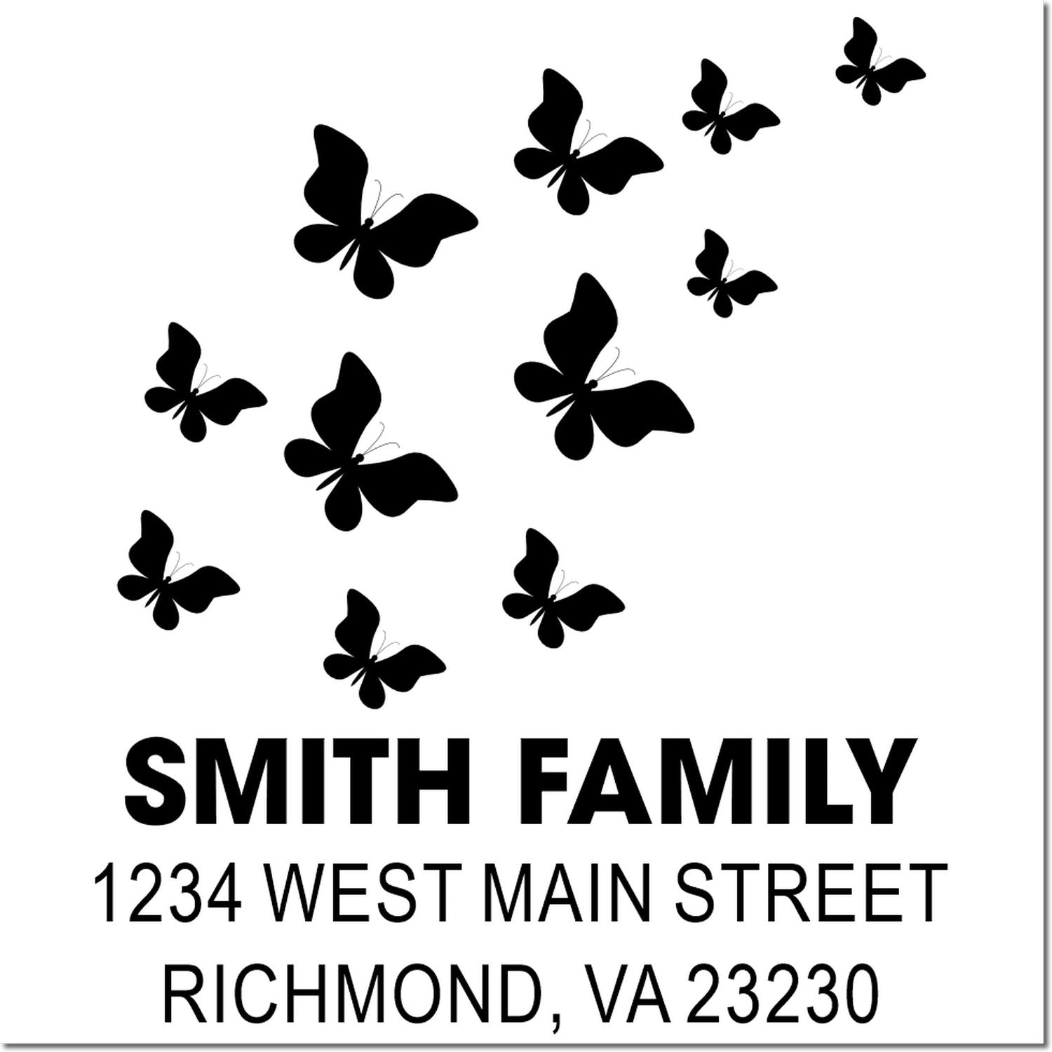 Personalized butterfly return address rubber stamp for Smith Family, 1234 West Main Street, Richmond, VA 23230
