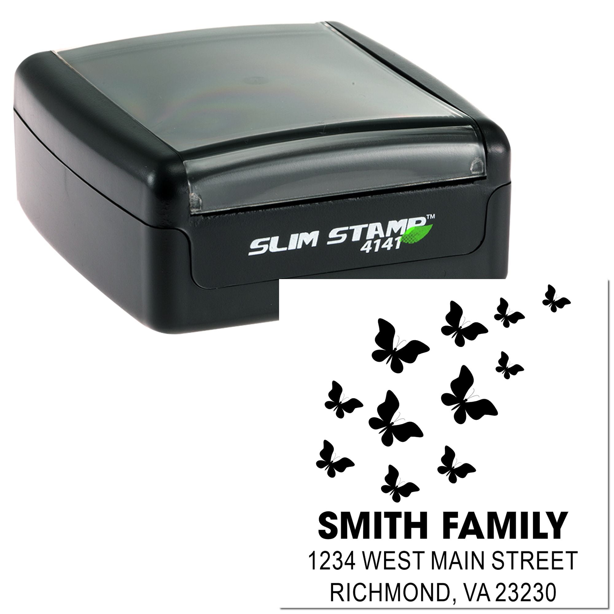Slim Stamp 4141 self-inking rubber stamp with butterfly family return address design for envelopes and mailings.