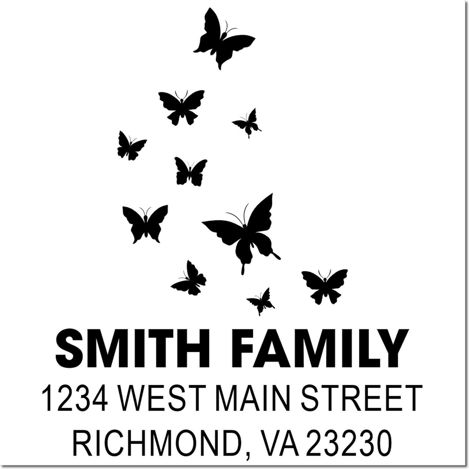 Custom butterfly family address rubber stamp with Smith Family, 1234 West Main Street, Richmond, VA 23230.