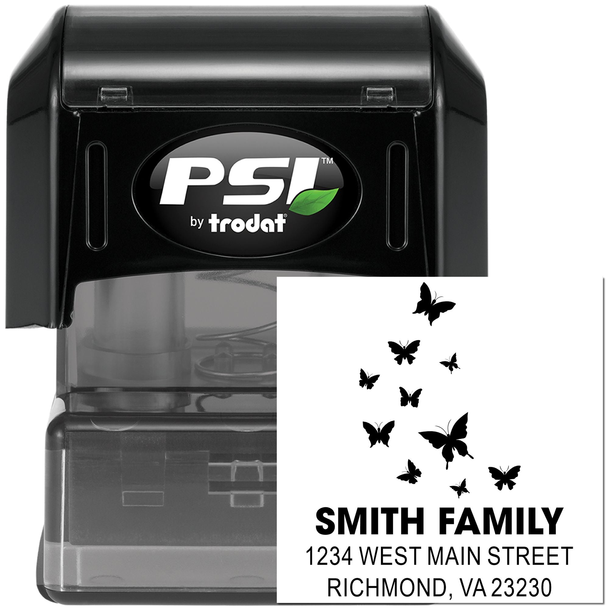 PSI by Trodat self-inking custom return address rubber stamp with butterfly design for personalized family mail.