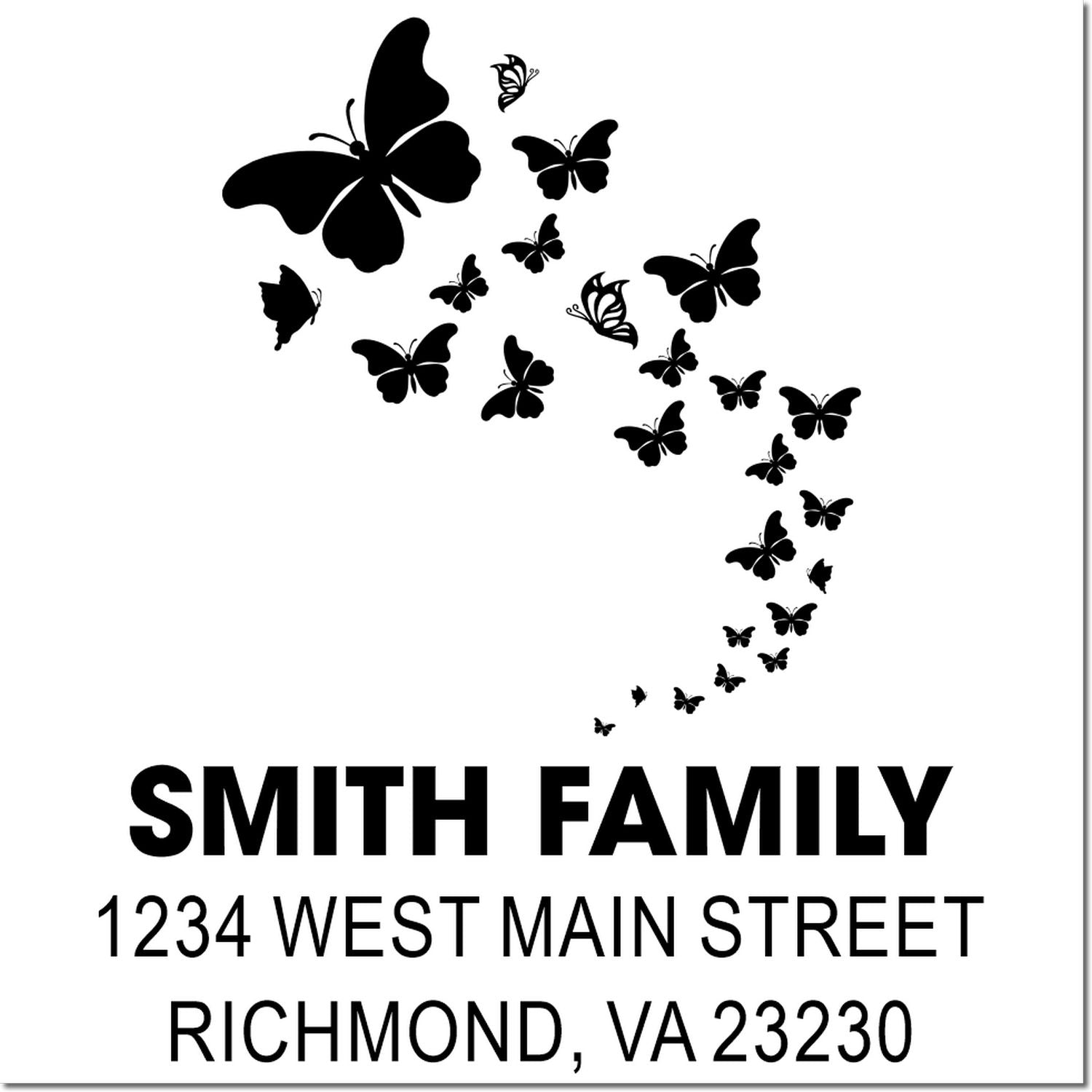Custom butterfly address rubber stamp for Smith family, 1234 West Main Street, Richmond, VA 23230