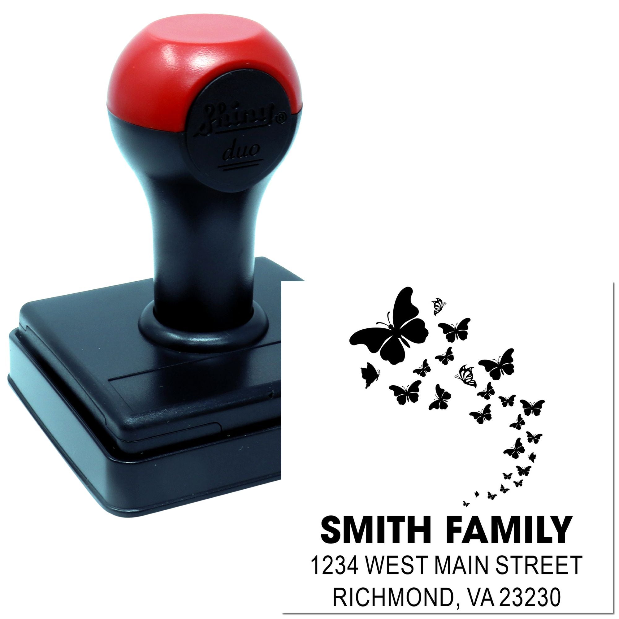 Custom self-inking rubber stamp with butterfly Virginia silhouette and Smith family return address design