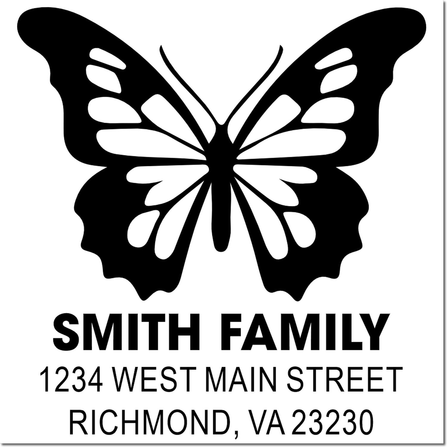 Custom butterfly return address stamp for Smith Family, 1234 West Main Street, Richmond, VA 23230
