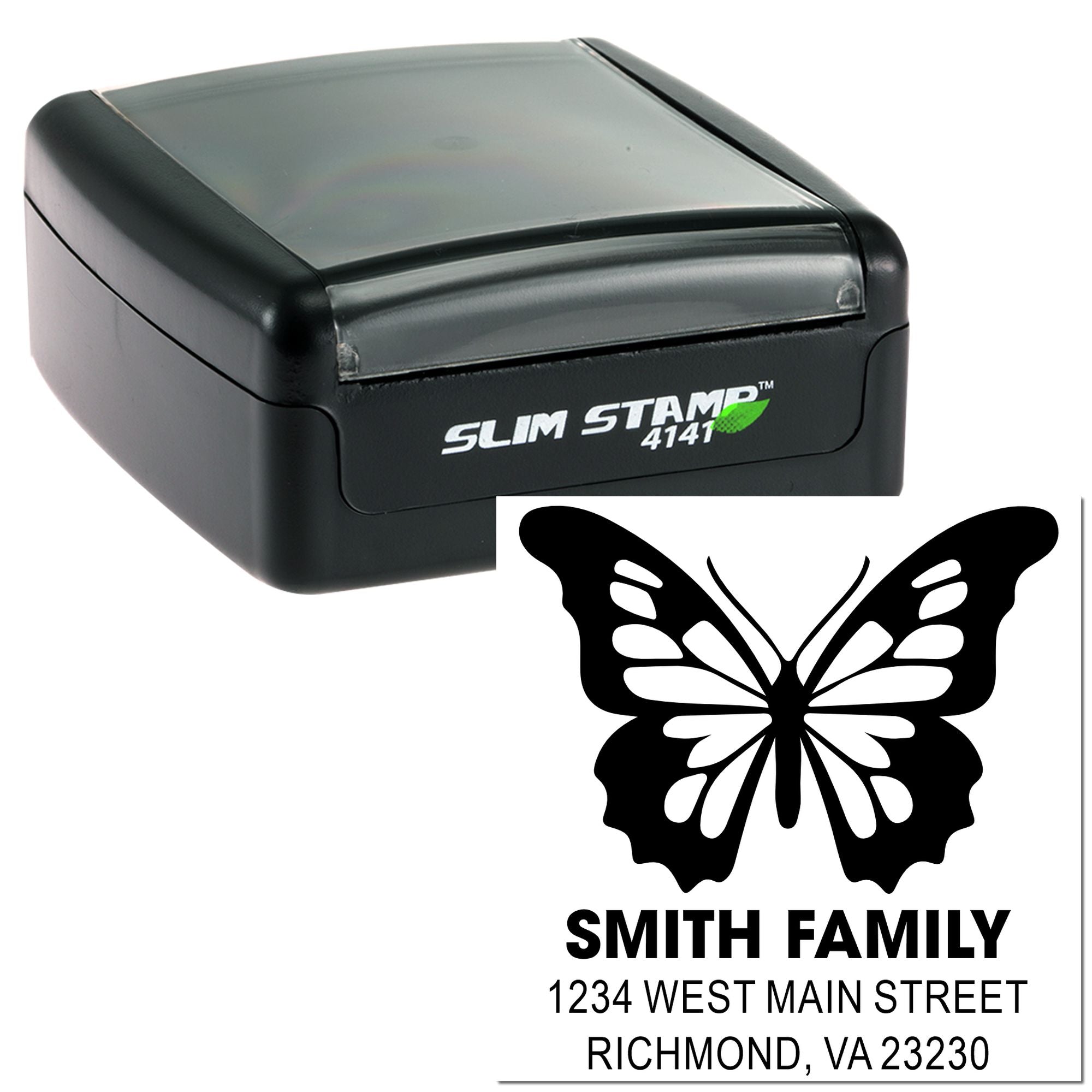 Custom self-inking address rubber stamp with butterfly design for Smith family envelopes, mailings, and home organization.