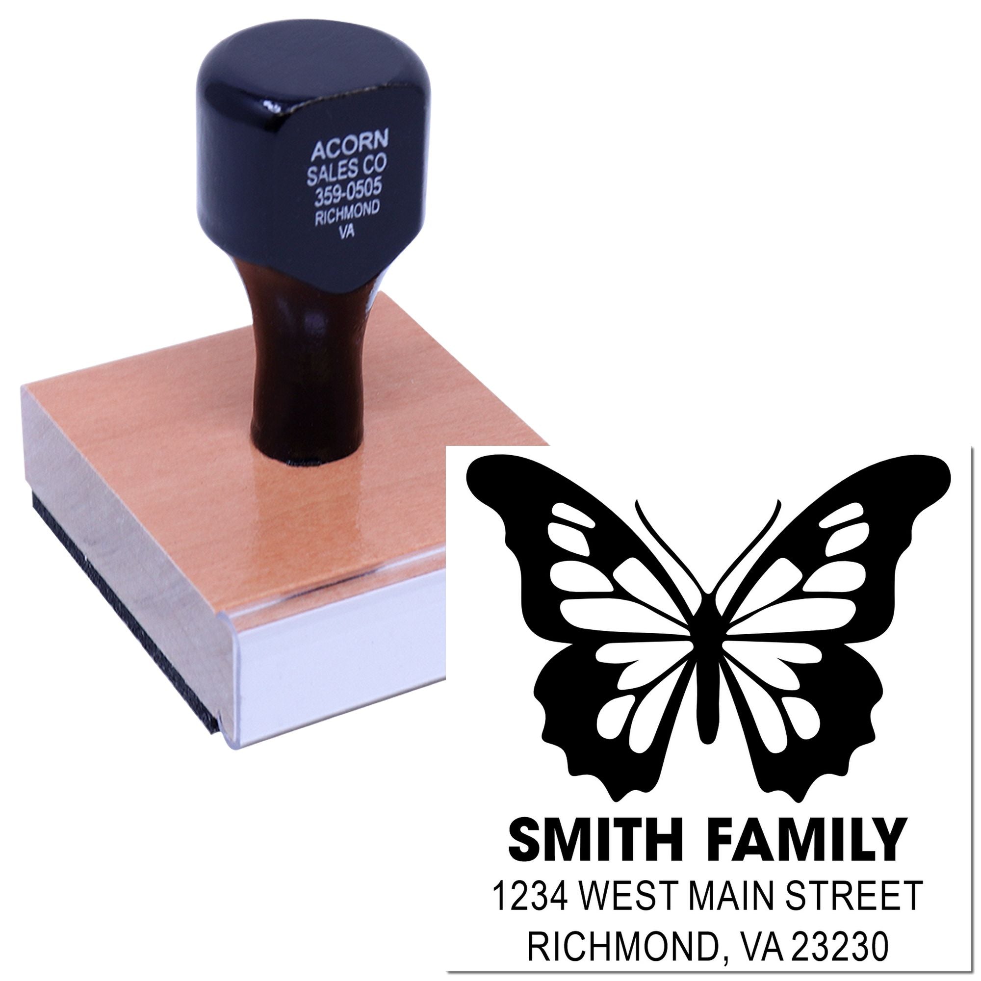 Custom butterfly return address rubber stamp for mailing, featuring Smith Family name and Richmond, VA address