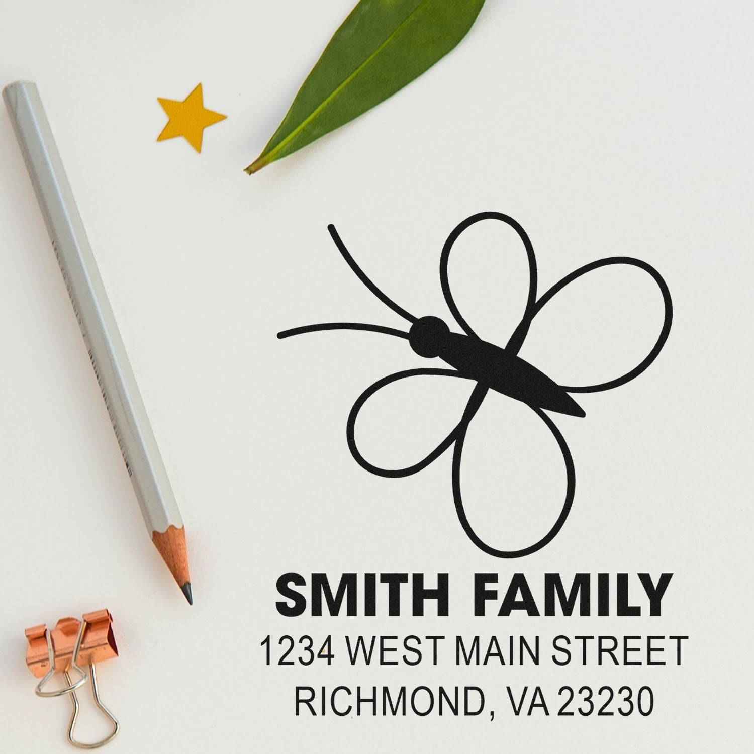 Custom butterfly return address rubber stamp for Smith Family, Richmond VA, ideal for envelopes and stationery.