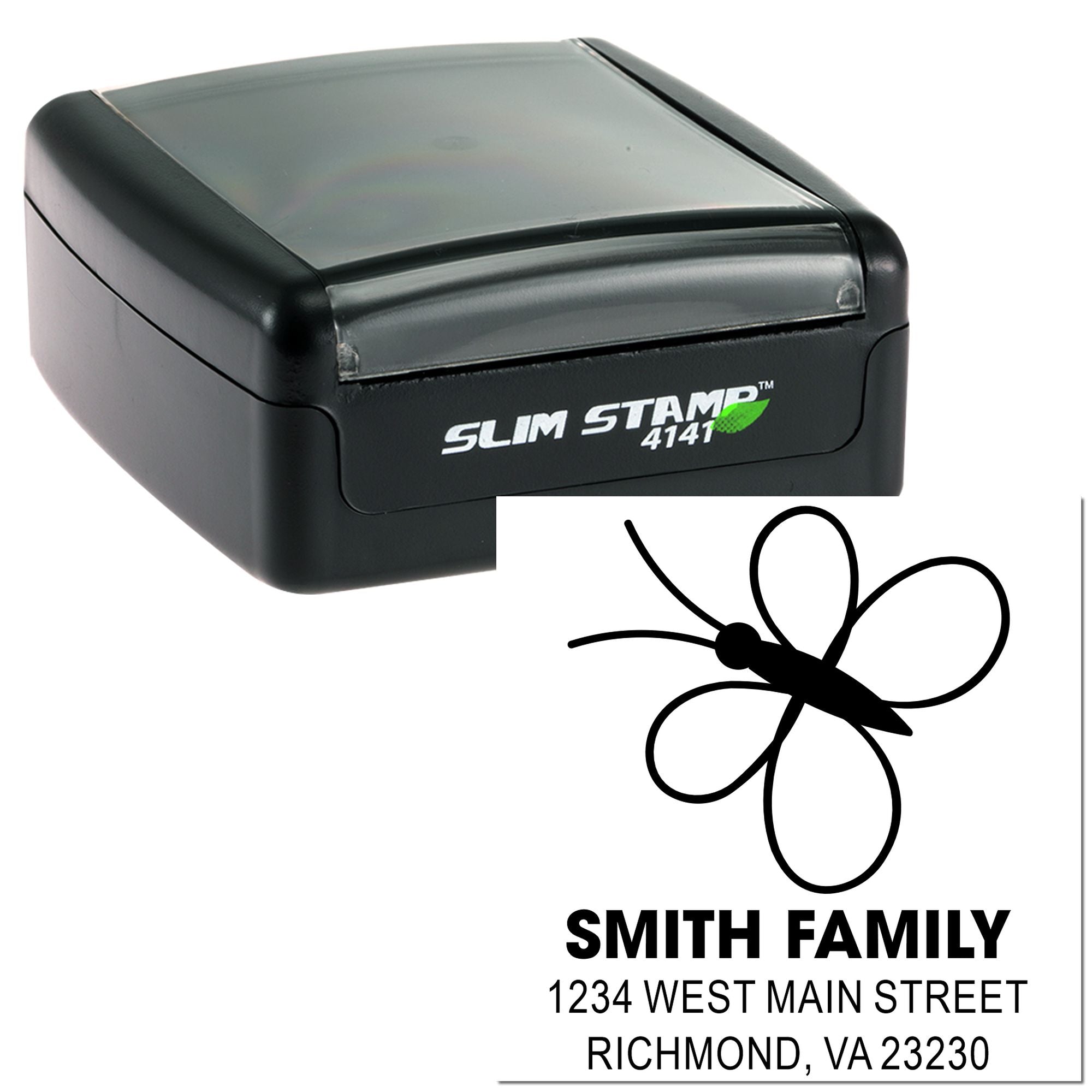 Slim Stamp 4141 self-inking rubber stamp with custom butterfly address imprint for Smith Family mailing labels.