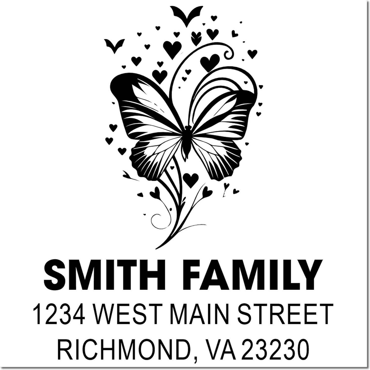 Custom butterfly heart rubber address stamp for Smith Family, 1234 West Main Street, Richmond, VA 23230.