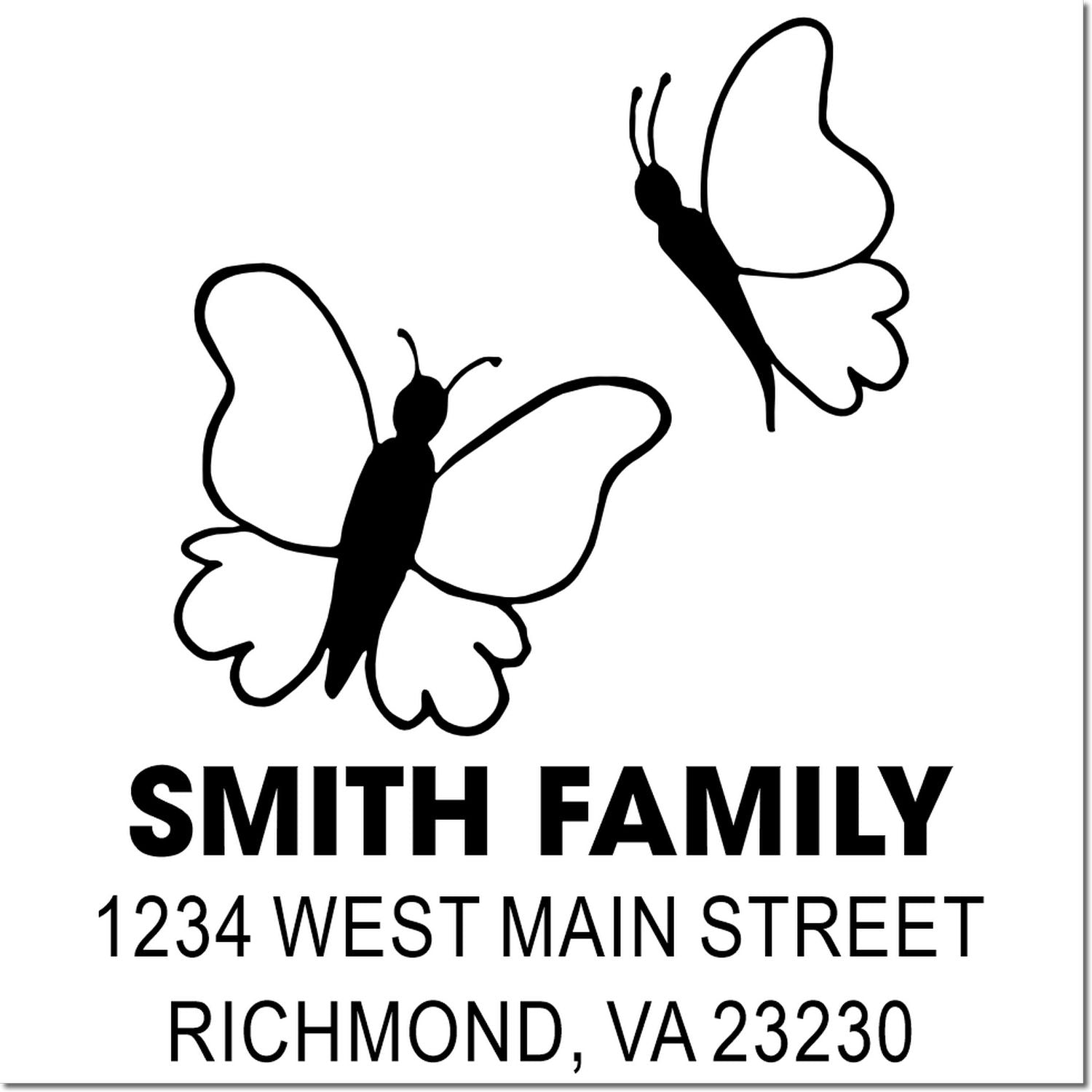 Custom butterfly return address rubber stamp for Smith Family, 1234 West Main Street, Richmond, VA 23230.