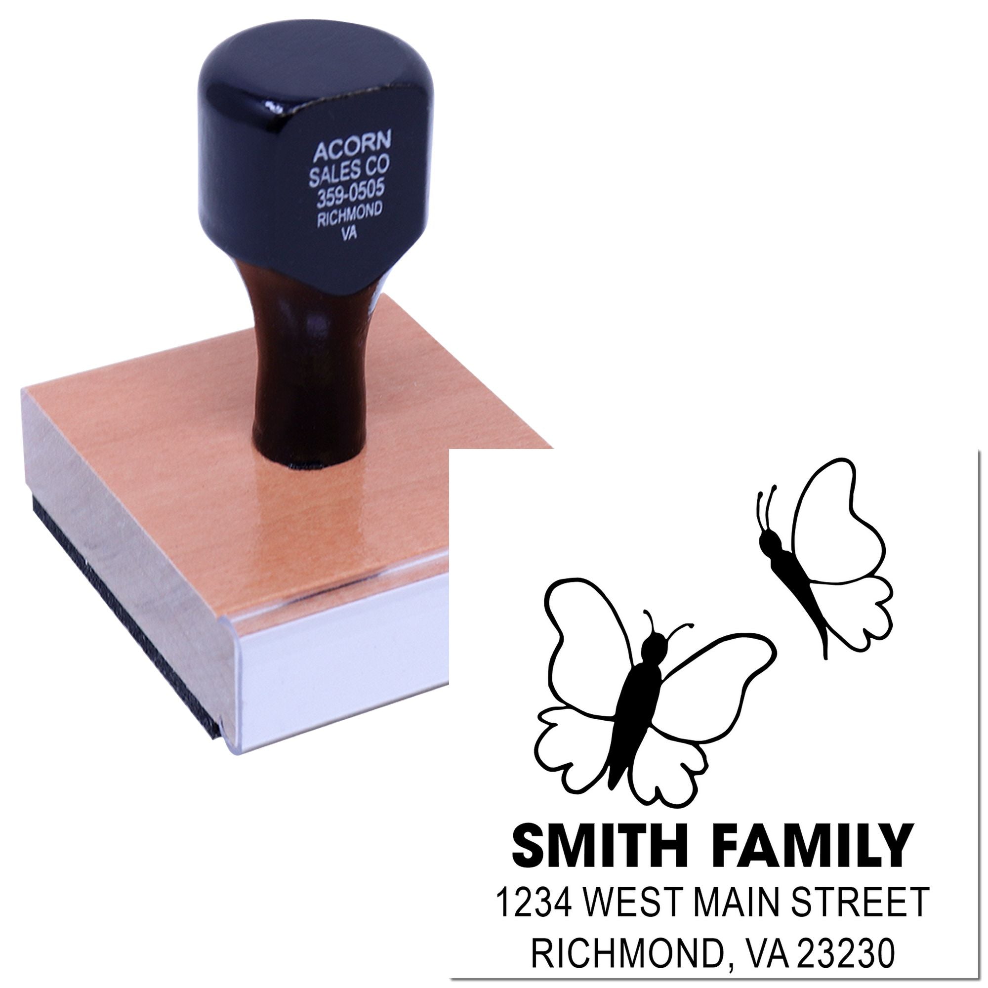 Custom butterfly return address rubber stamp for Smith Family mailing address and personalized envelopes.