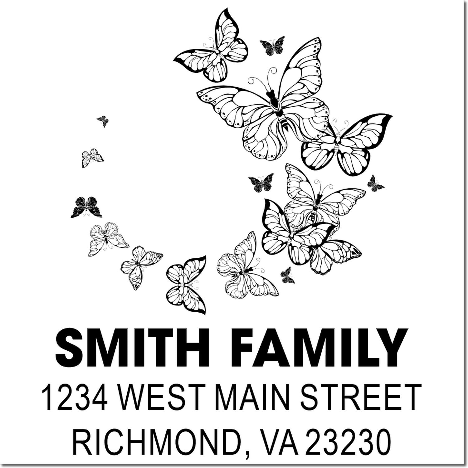 Custom butterfly return address stamp with Smith Family, 1234 West Main Street, Richmond, VA 23230.
