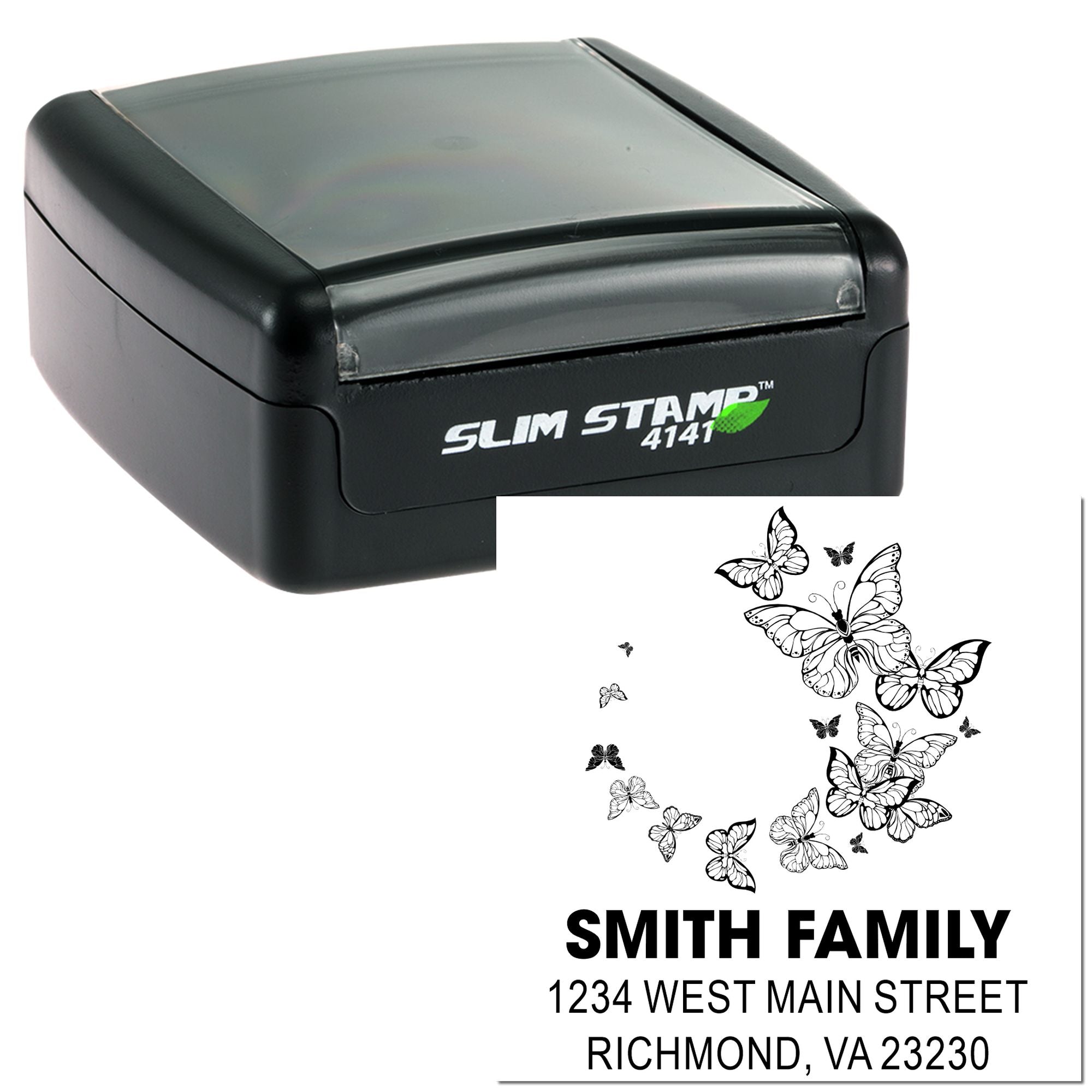 Custom self-inking rubber stamp showing butterfly family address design for Smith Family, Richmond, VA.