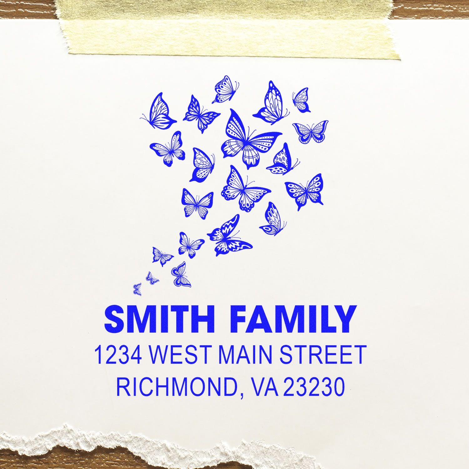 Custom butterfly return address rubber stamp imprint for Smith Family, Richmond, VA 23230