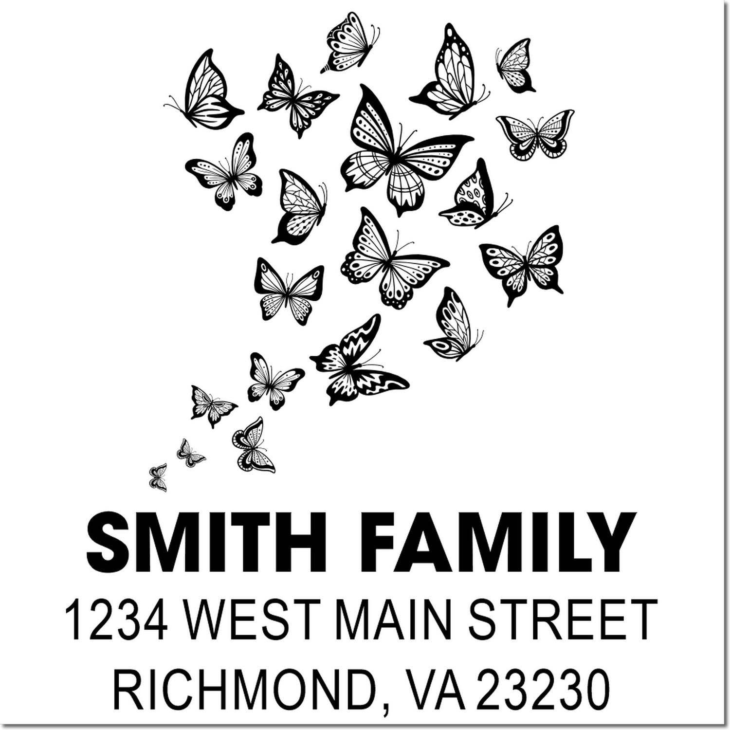 Personalized butterfly return address rubber stamp for Smith Family, 1234 West Main Street, Richmond, VA 23230.