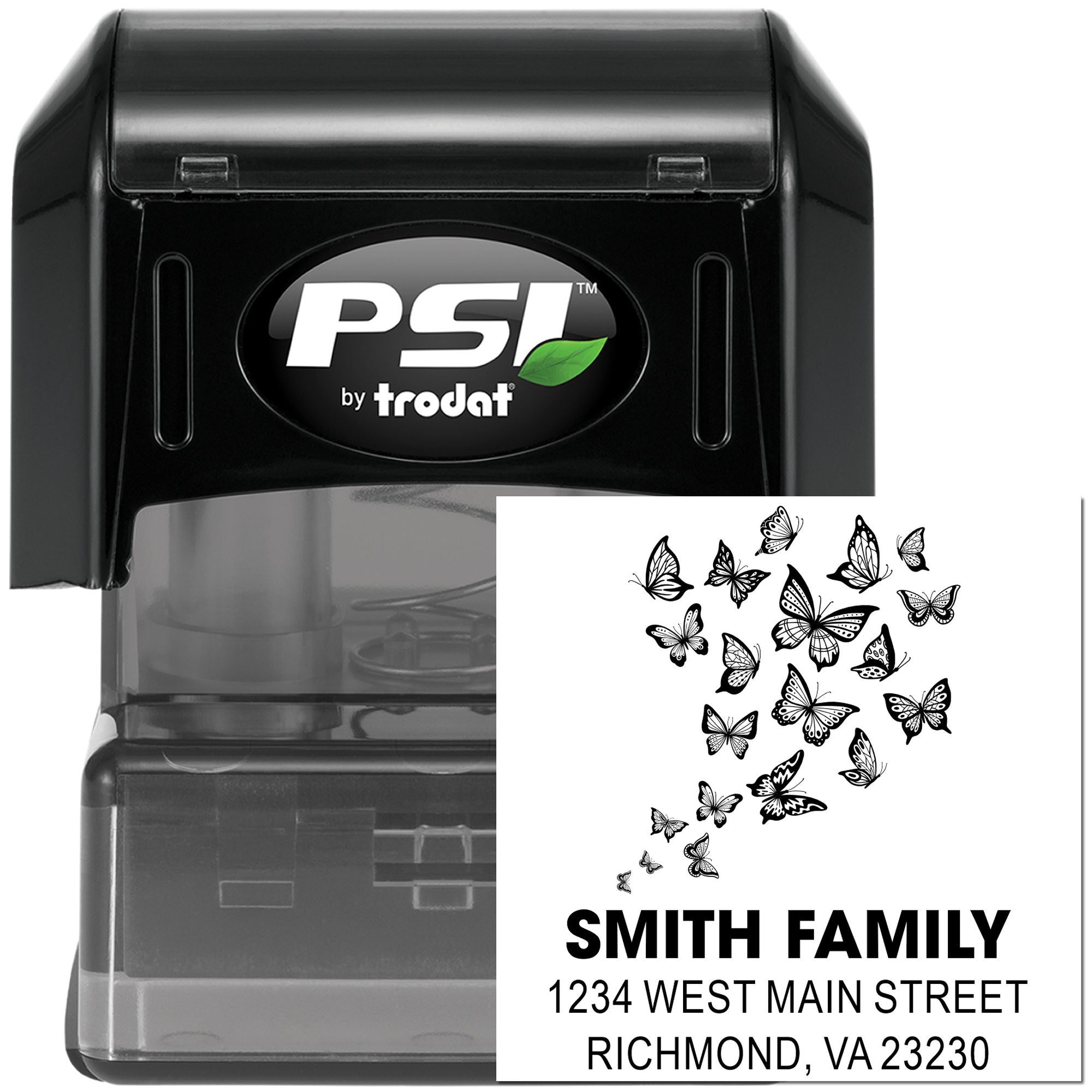 PSI by Trodat self-inking custom address rubber stamp with butterfly design for family return mailing